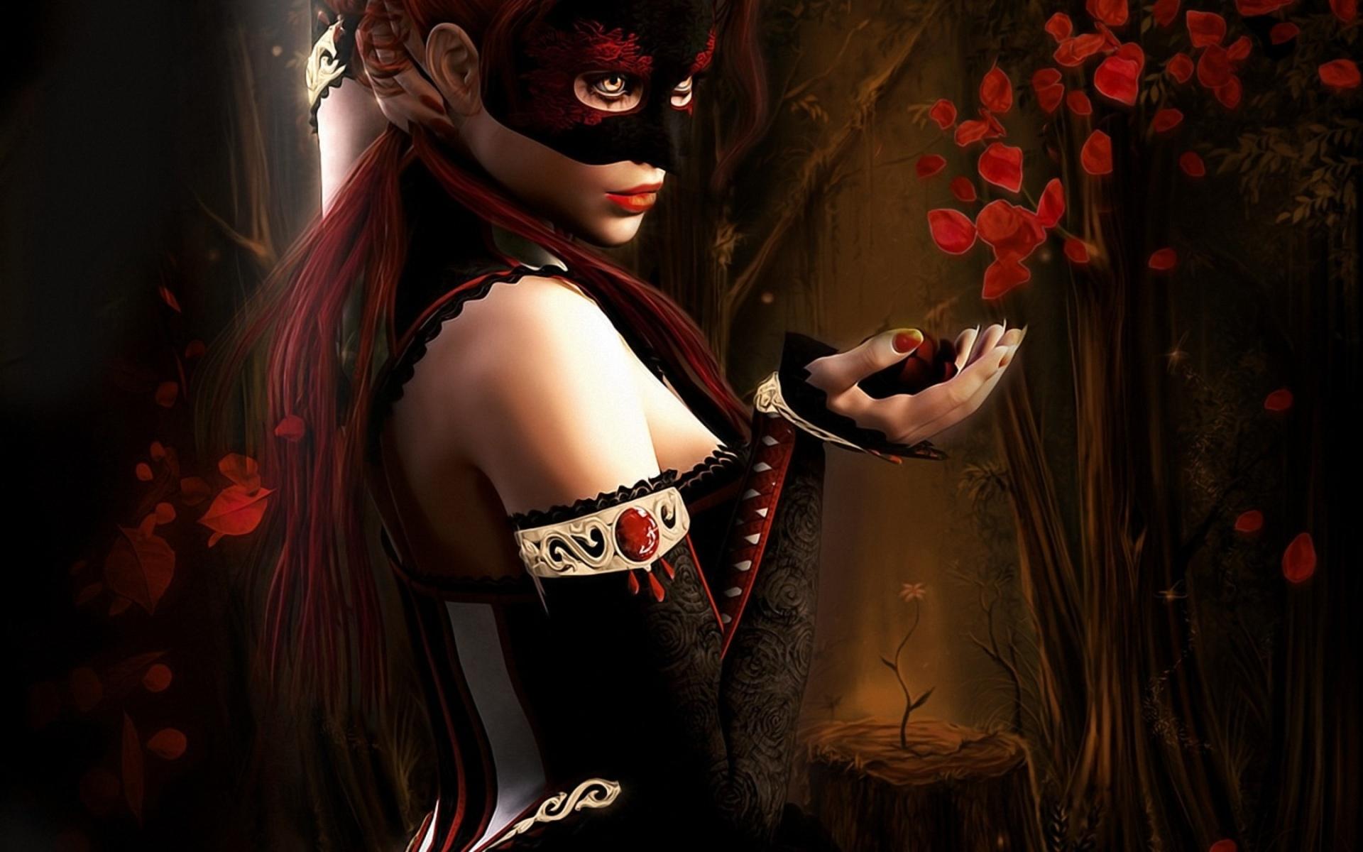 1920x1200 3D, Cg, Digital, Fantasy, Art, Women, Redheads, Girls, Females, Petals, Mask, Gothic, , Babes Wallpaper HD / Desktop and Mobile Background