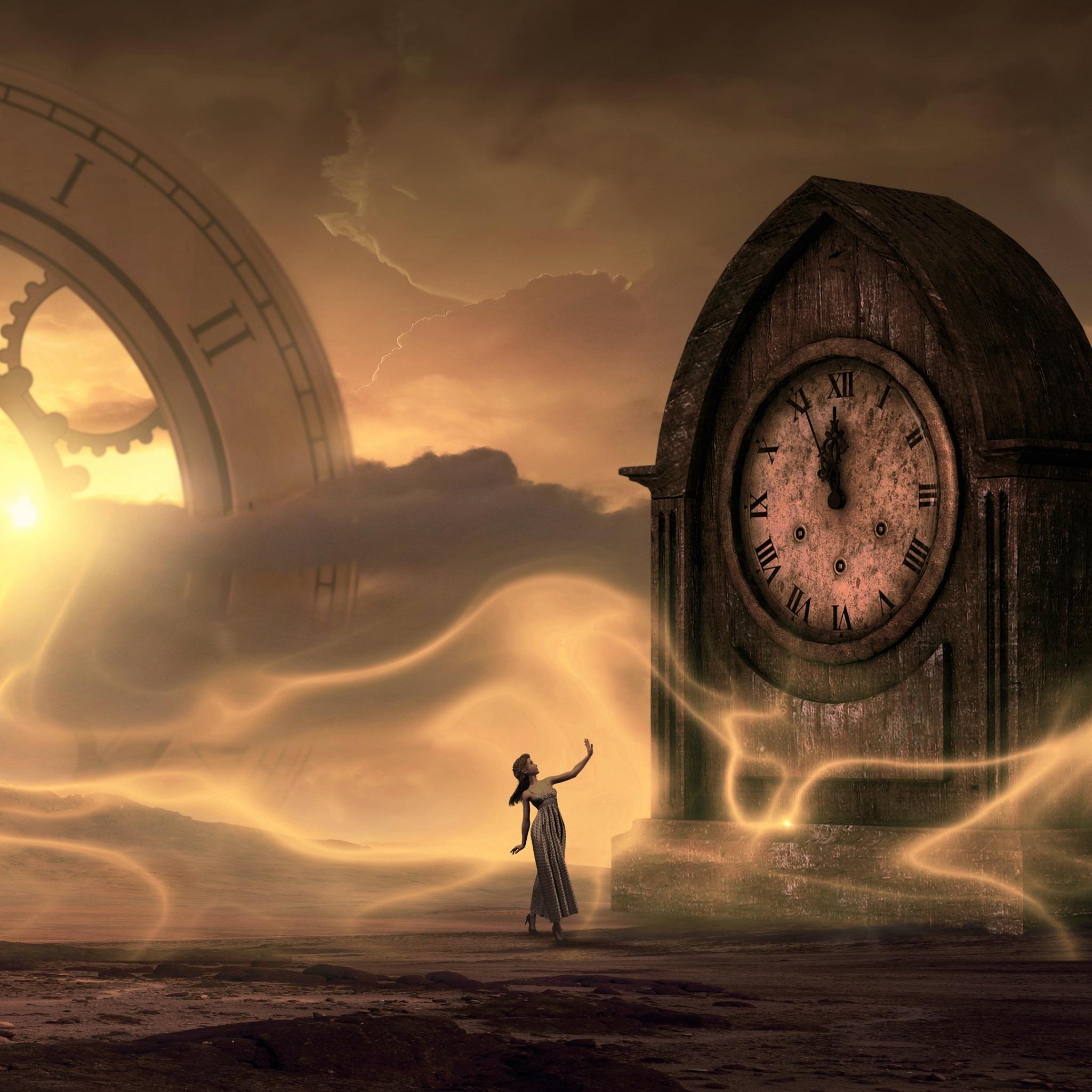2048x2048 Wallpaper 4k clock, fantasy, mysterious, girl, time 4k Wallpaper