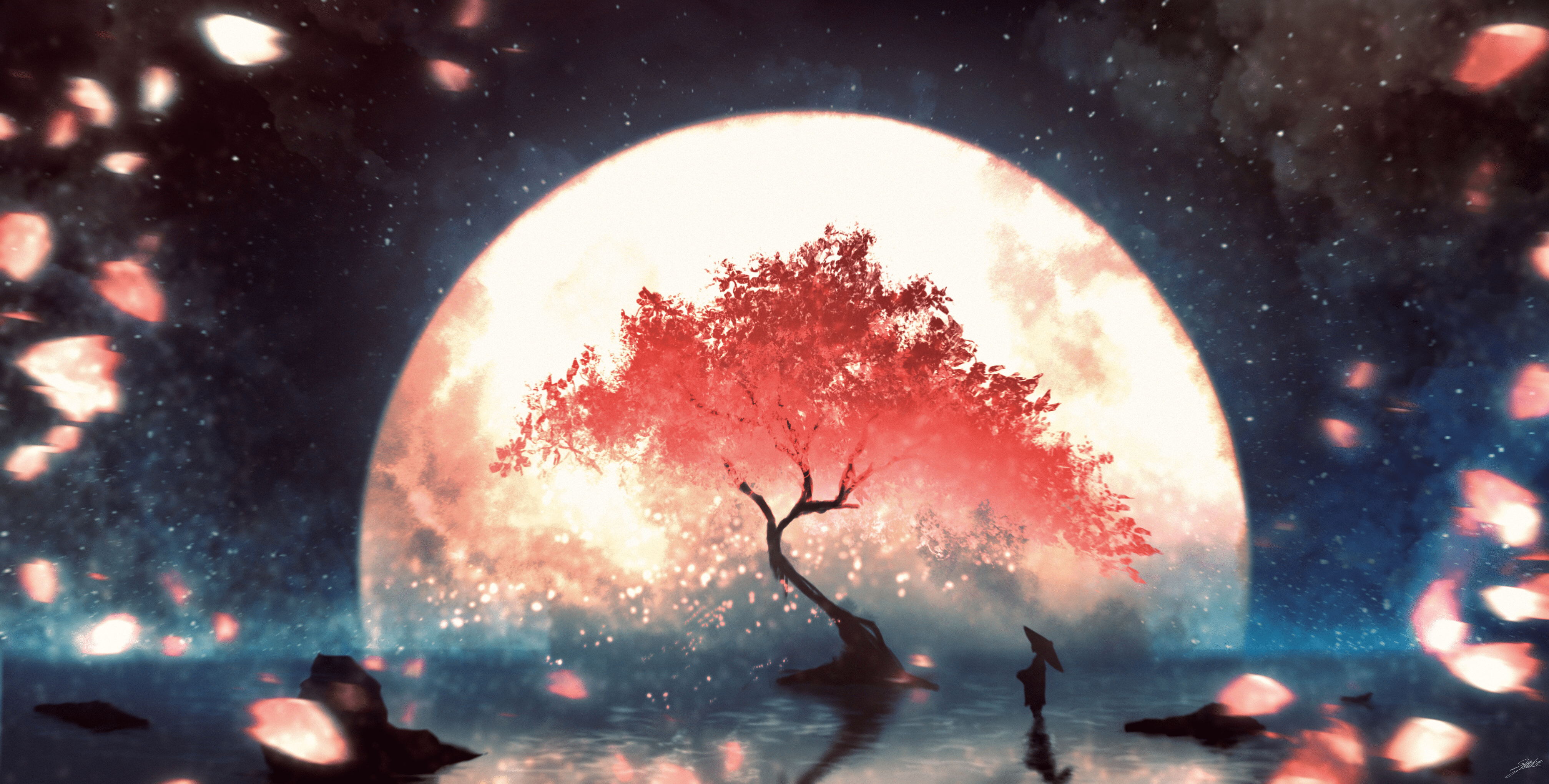4030x2040 Sky Starry Sky Sakura Moon Wallpaper:4030x2040