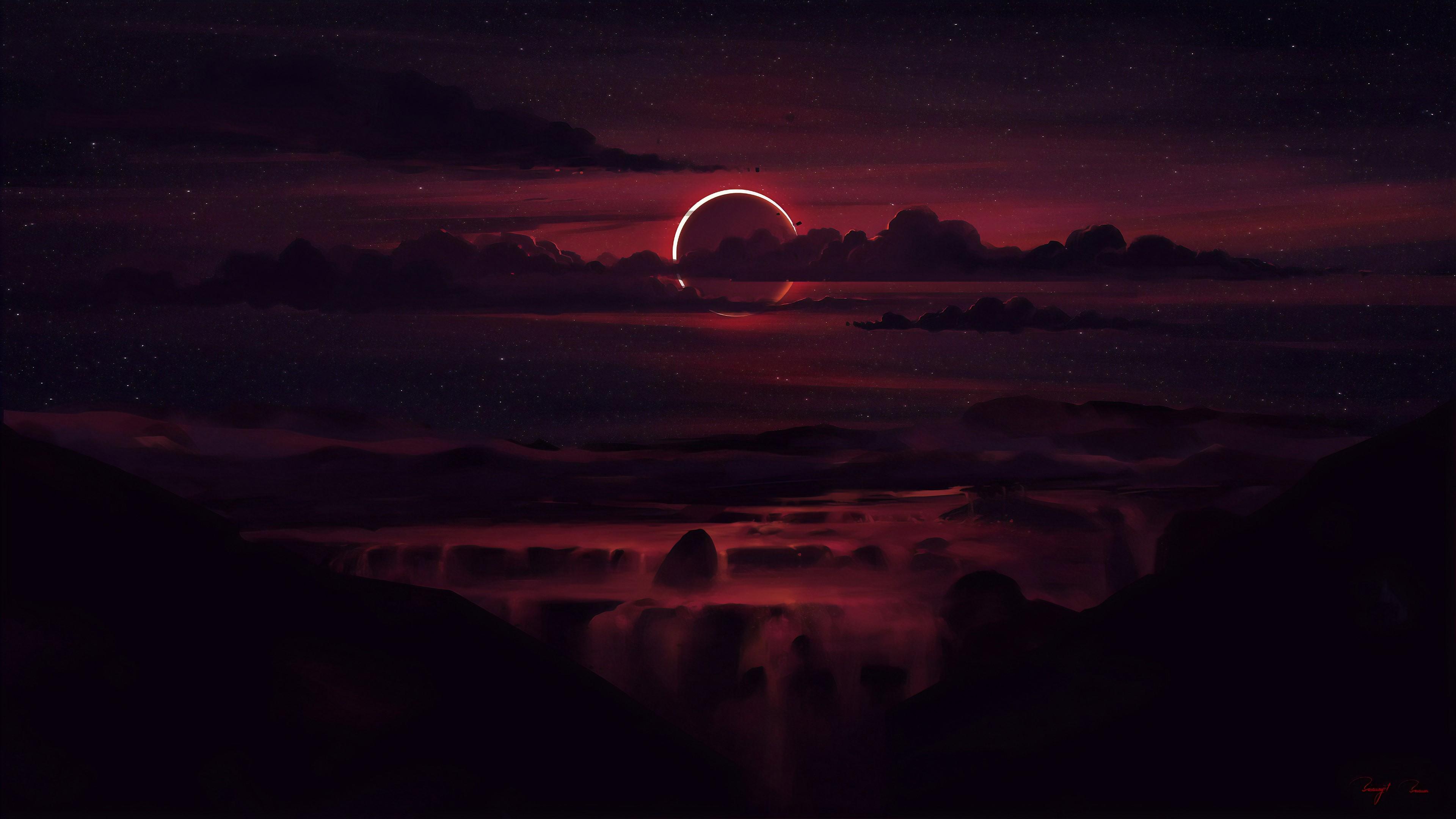 3840x2160 Wallpaper / digital, digital art, fantasy art, drawing, painting, skyscape, eclipse, solar eclipse, clouds, dusk, night, dark, stars, starry night, night sky, Sun, sun rays, sea, waterfall, red, illustration, nature