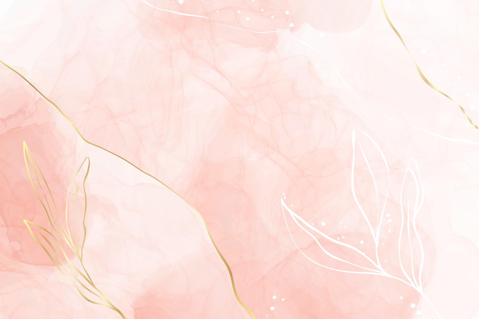 2000x1333 Premium Vector. Abstract dusty blush liquid watercolor background with gold floral decoration elements. pastel pink marble alcohol ink drawing effect and golden branches. vector illustration of elegant wallpaper
