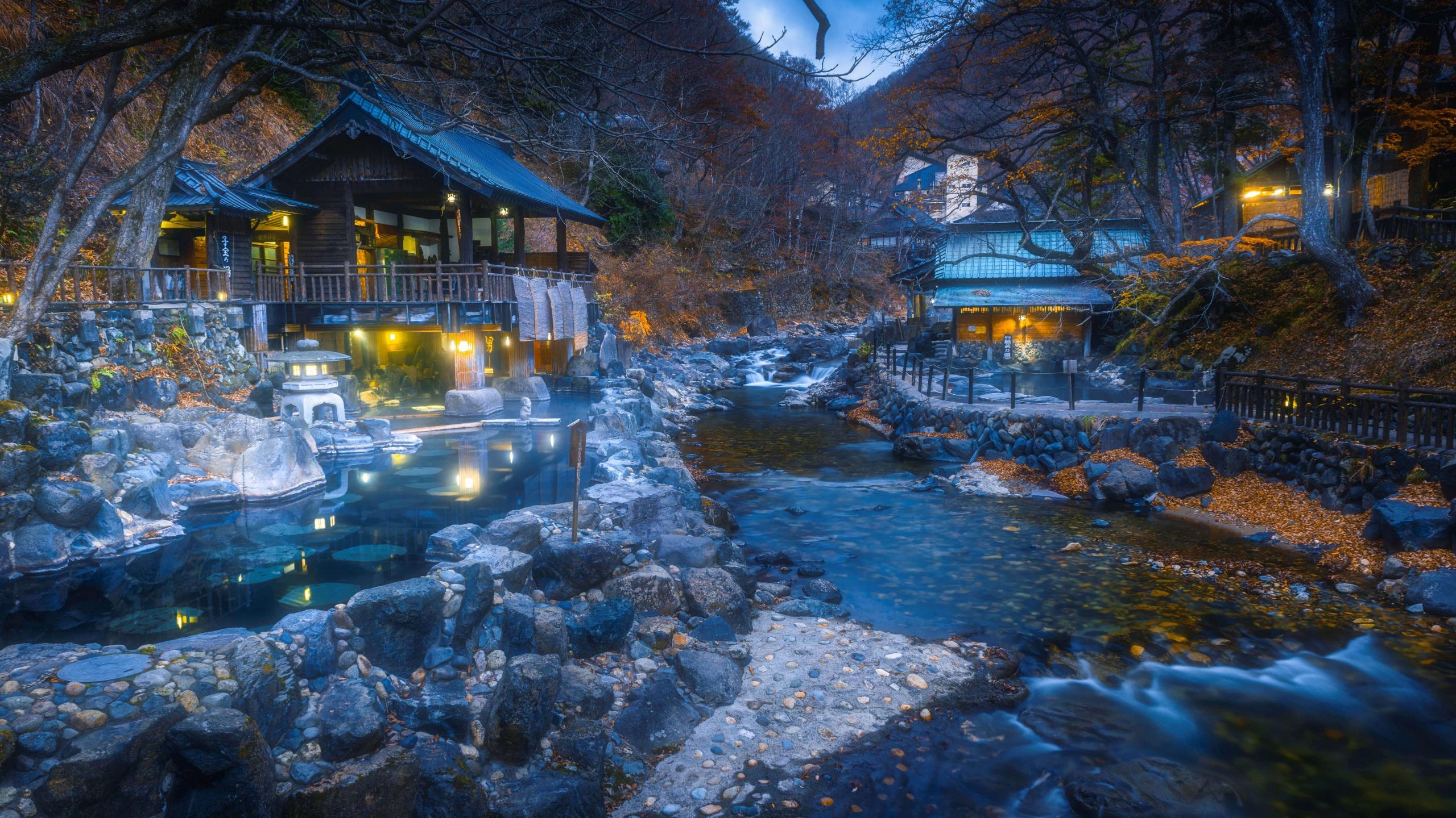 2560x1440 Hot Spring Wallpaper 4K, Autumn, Dusk, Illuminated