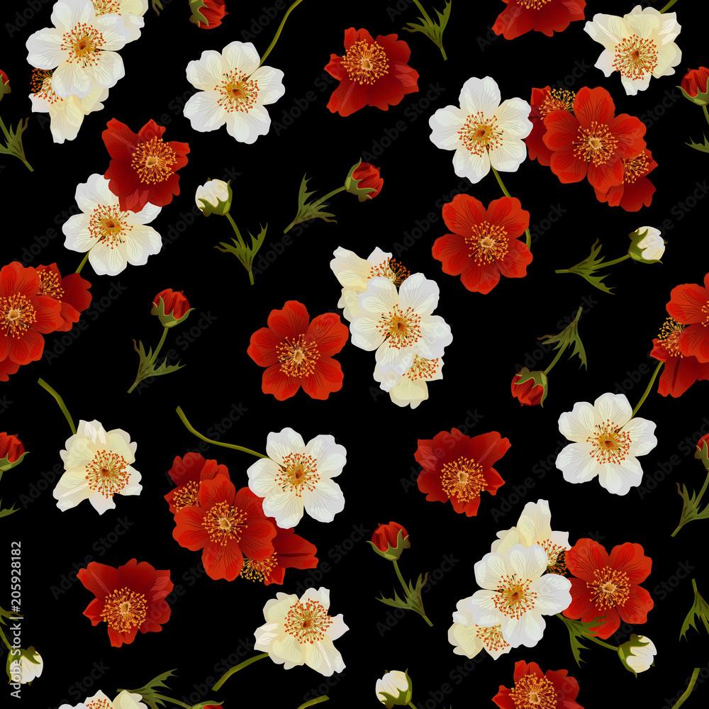 1000x1000 Vector seamless pattern with red and white flowers on black. Modern floral pattern for textile, wallpaper, print, gift wrap, greeting or wedding background. Spring or summer design. Stock Vector