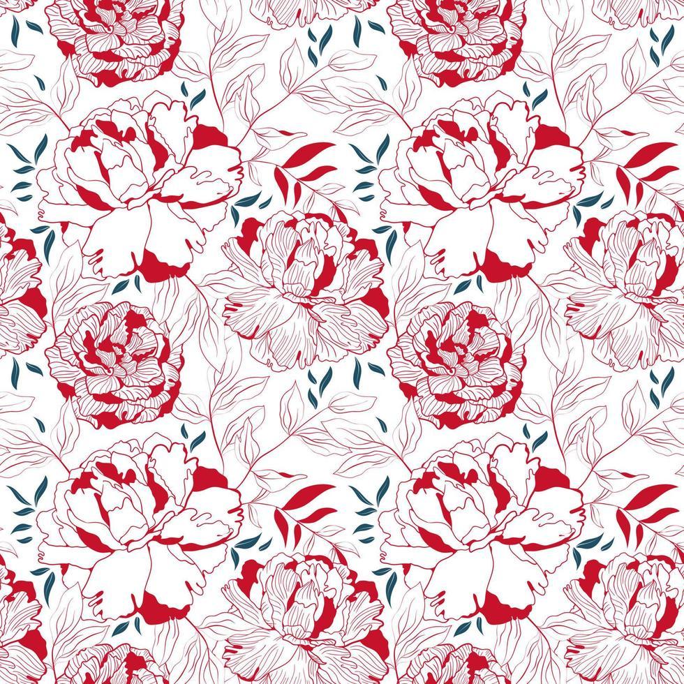 980x980 Peony red and white floral seamless pattern. Botanical linear decor for textile and wallpaper with pink background