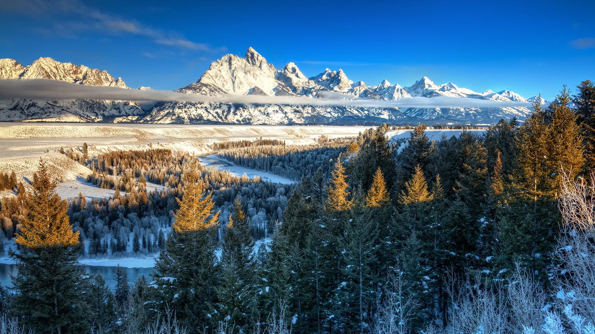 1920x1080 nature, Landscape, Trees, Forest, Yellowstone National Park, Wyoming, USA, Winter, Snow, Mountain, Hill, Clouds, River, Sunlight Wallpaper HD / Desktop and Mobile Background