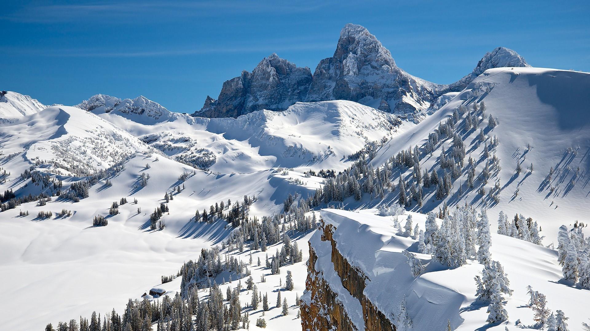 1920x1080 Wallpaper / nature, landscape, winter, snow, mountains, Wyoming, USA, trees, Grand Teton National Park, snowy peak free download