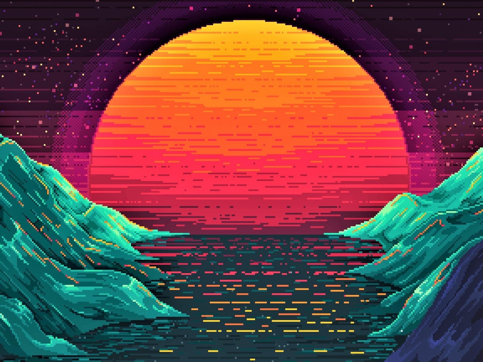1600x1200 Download 1600x1200 Wallpaper Vaporwavem, Moon 8 Bit Retro Art, Valley, Standard 4: Fullscreen, 1600x1200 HD Image, Background, 34166