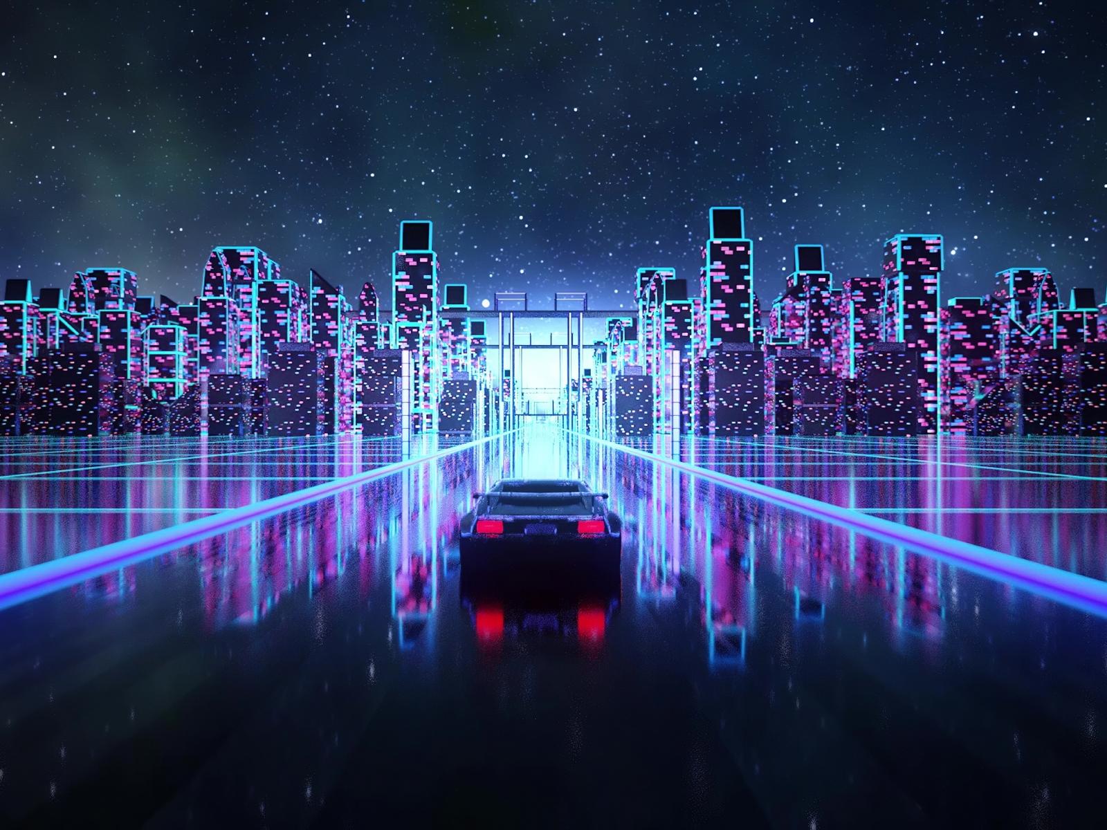 1600x1200 Download cyberpunk, outrun, vaporwave, car on road, art 1600x1200 wallpaper, standard 4:3 fullscreen 1600x1200 HD image, background, 24495