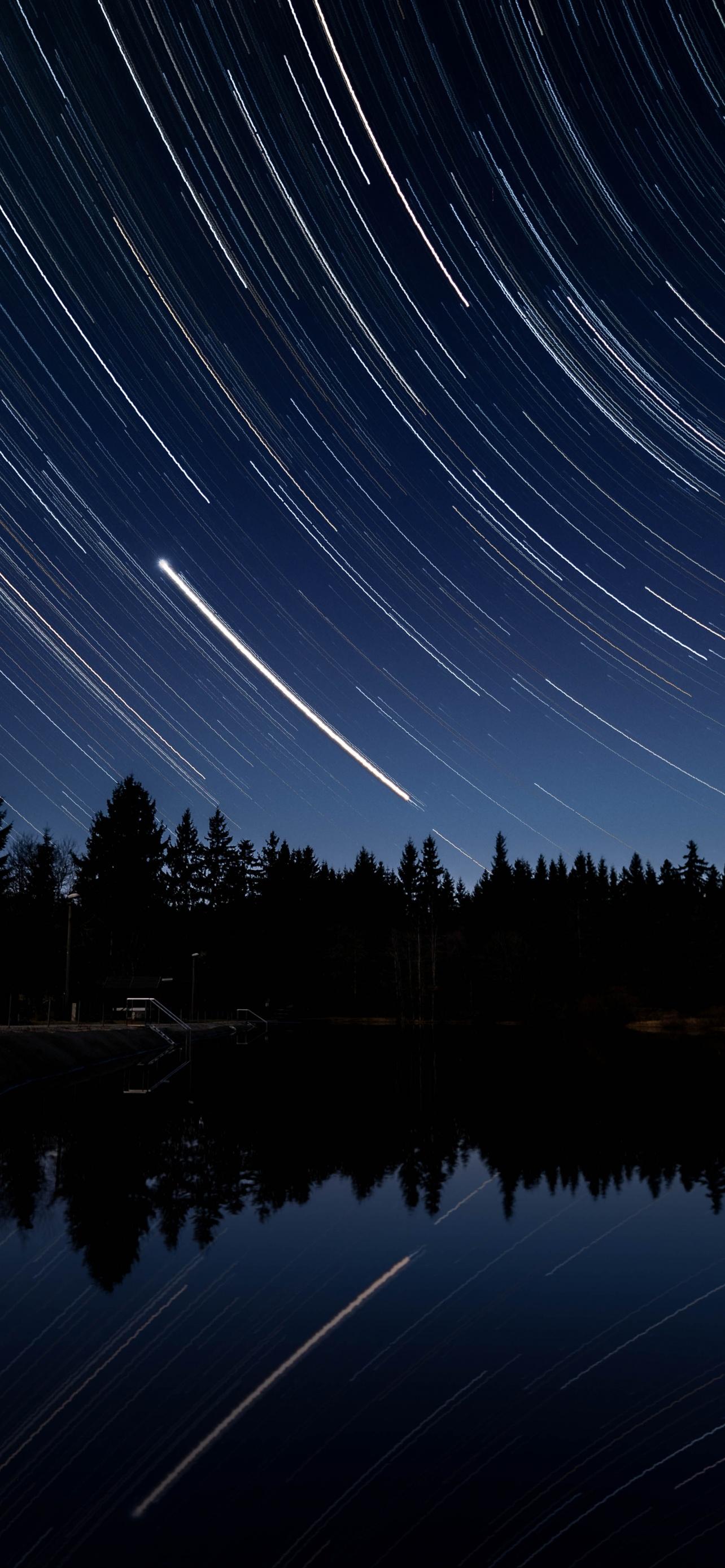 1284x2778 Star Trails Wallpaper 4K, Night sky, Waterfront, Reflection
