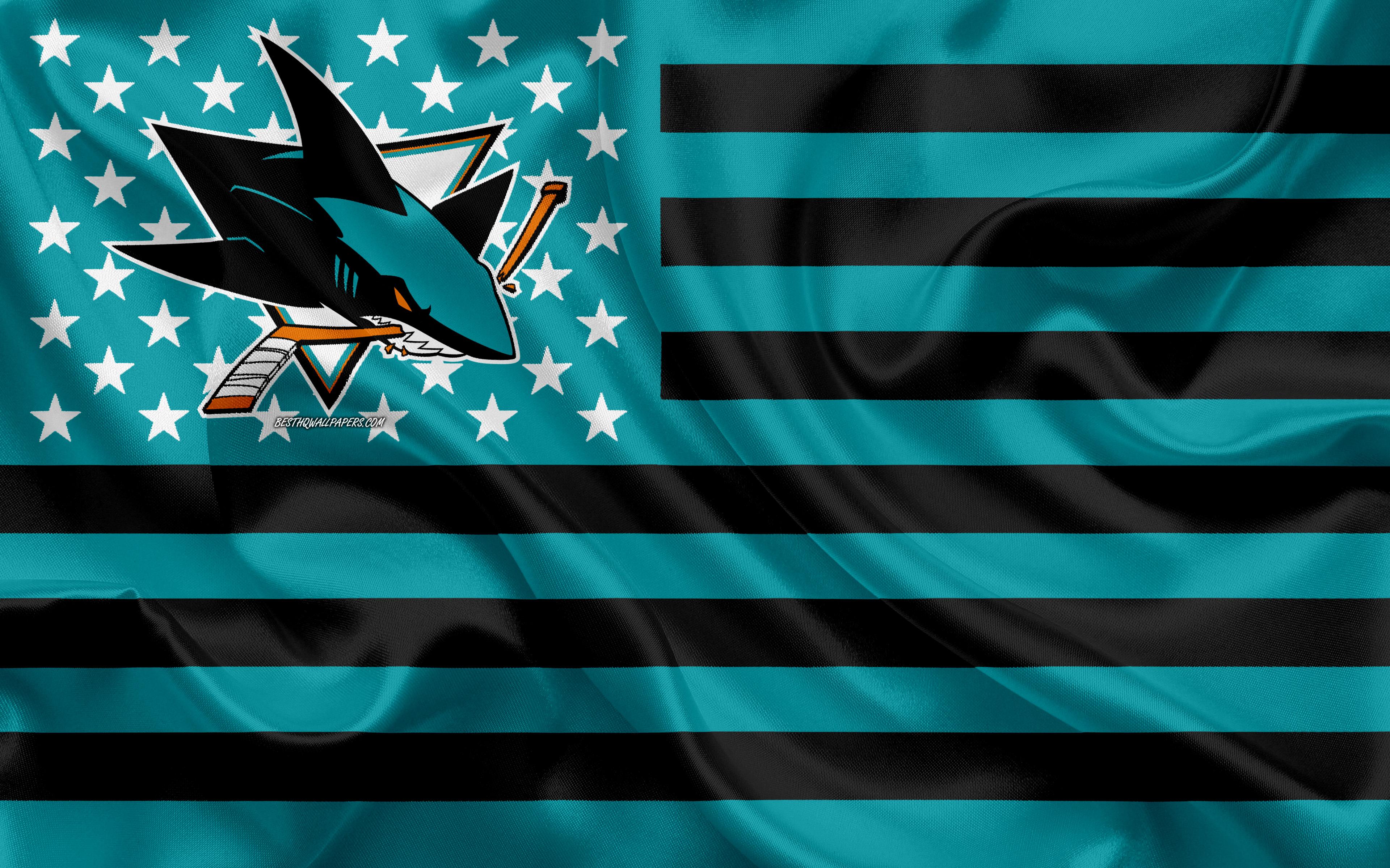 3840x2400 Download wallpaper San Jose Sharks, American hockey club, American creative flag, turquoise black flag, NHL, San Jose, California, USA, logo, emblem, silk flag, National Hockey League, hockey for desktop with resolution 3840x2400