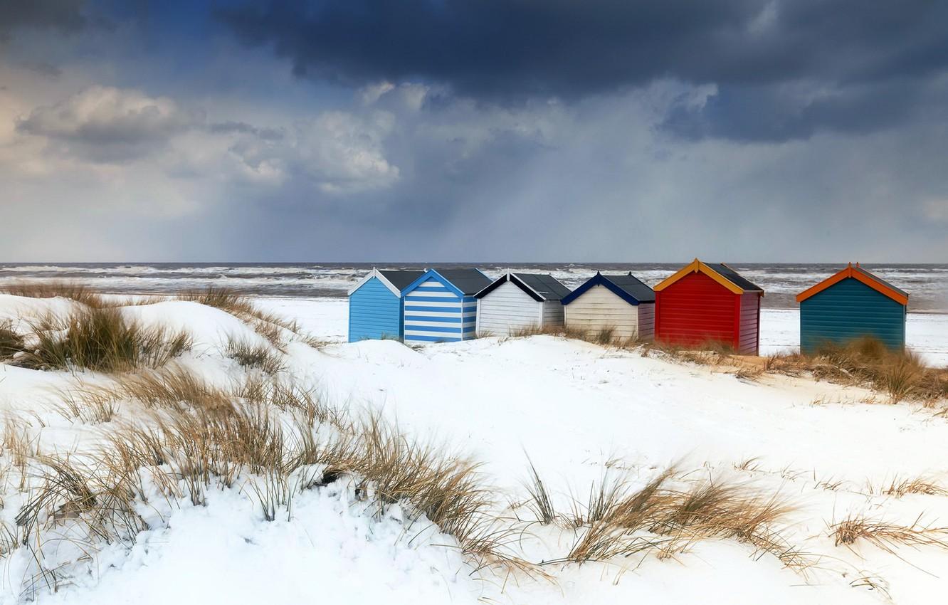 1332x850 Wallpaper winter, snow, suffolk, beach huts, southwold image for desktop, section пейзажи