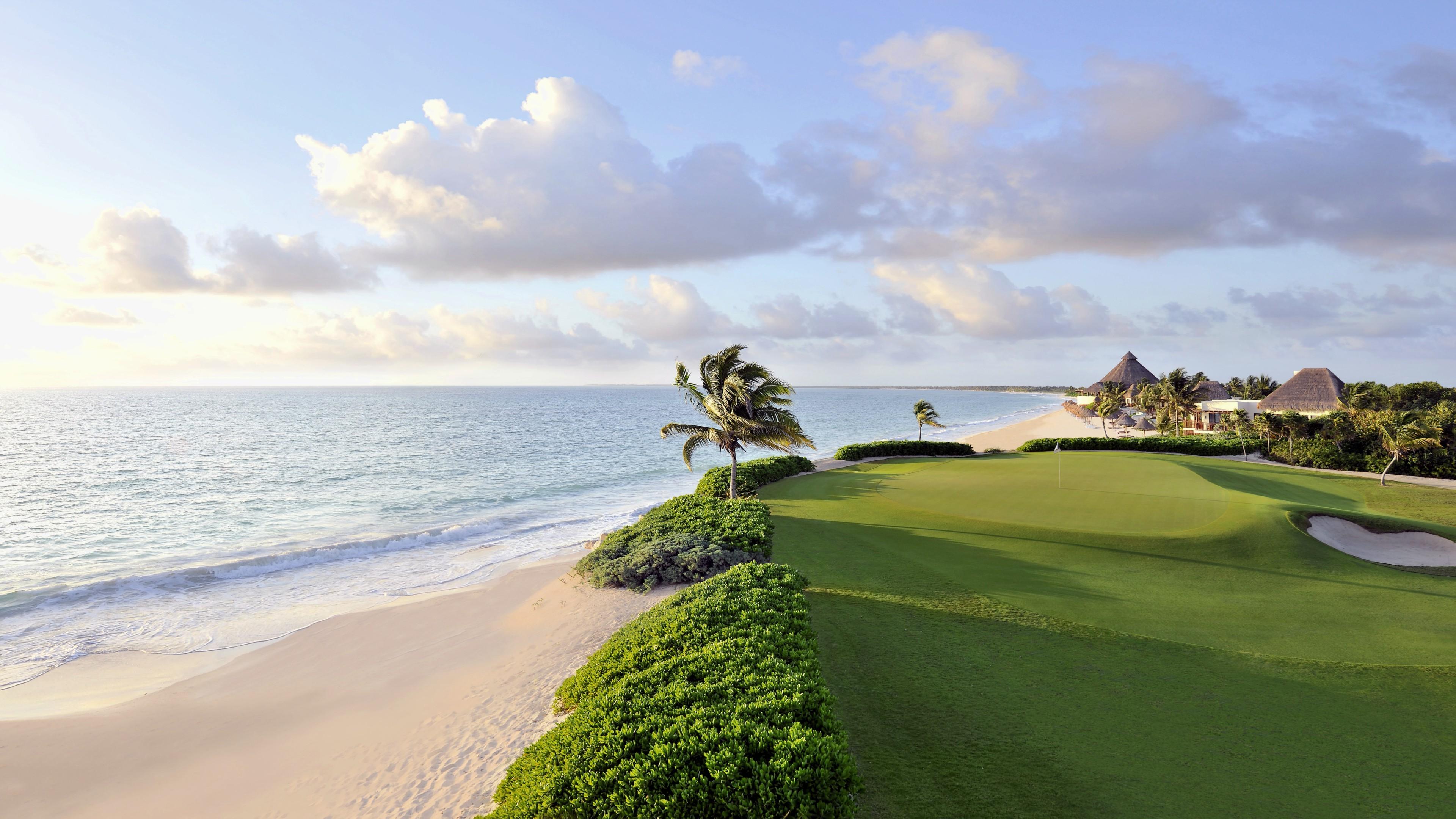 3840x2160 nature, Landscape, Water, Sea, Mexico, Golf Course, Palm Trees, Sand, Grass, House, Field, Clouds, Horizon, Sunlight, Windy, Beach Wallpaper HD / Desktop and Mobile Background