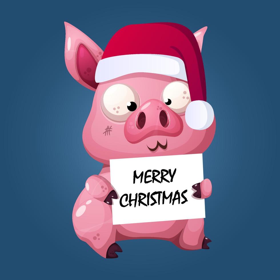 980x980 Crazy Cartoon Pig Wearing Santa Clause Hat and Wishing Merry Christmas Premium Vector