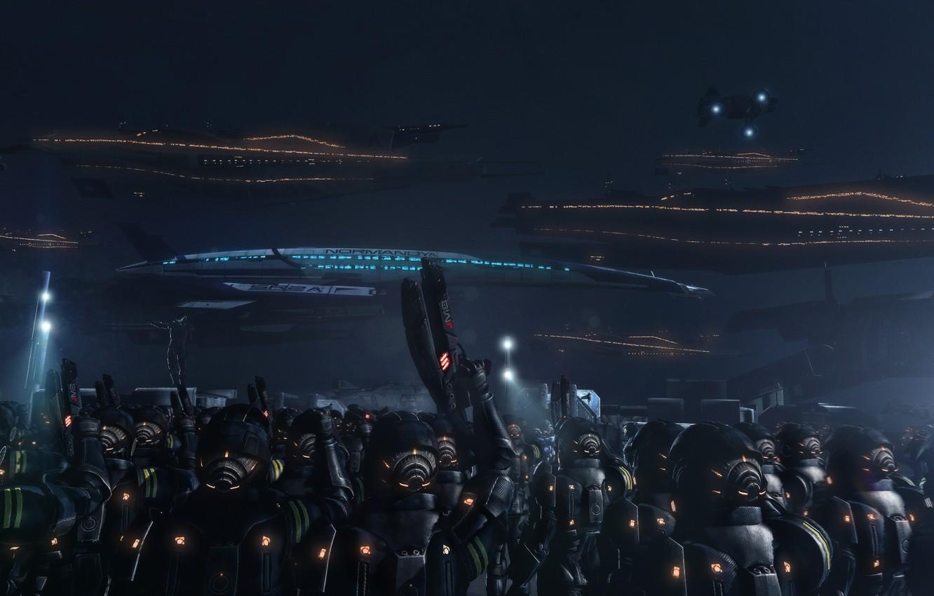 1332x850 Wallpaper soldiers, war, art, mass effect normandy, Cruiser, fan, space ship, Eve of War image for desktop, section игры