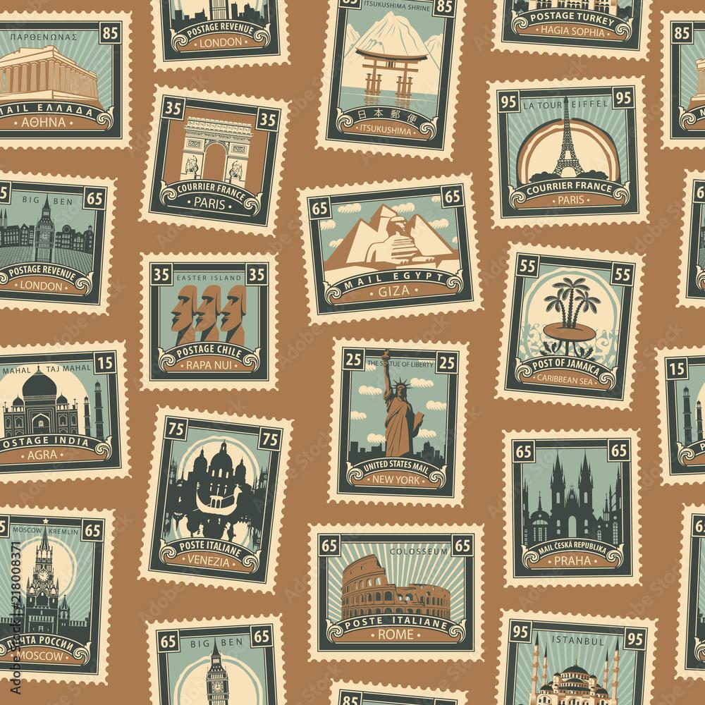 1000x1000 Retro Postage Seamless Background. Vector seamless pattern on the travel theme from different countries with postmarks and stamps in retro style. Can be used as wallpaper or wrapping paper Stock Vector