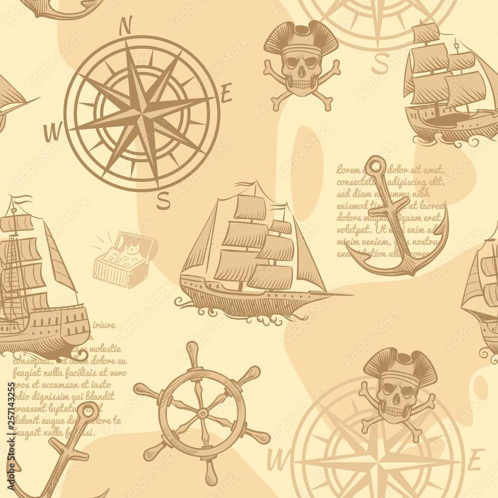 1000x1000 Vintage nautical seamless pattern. Hand drawing marine old sketch adventure travel manuscript wallpaper vector texture Stock Vector