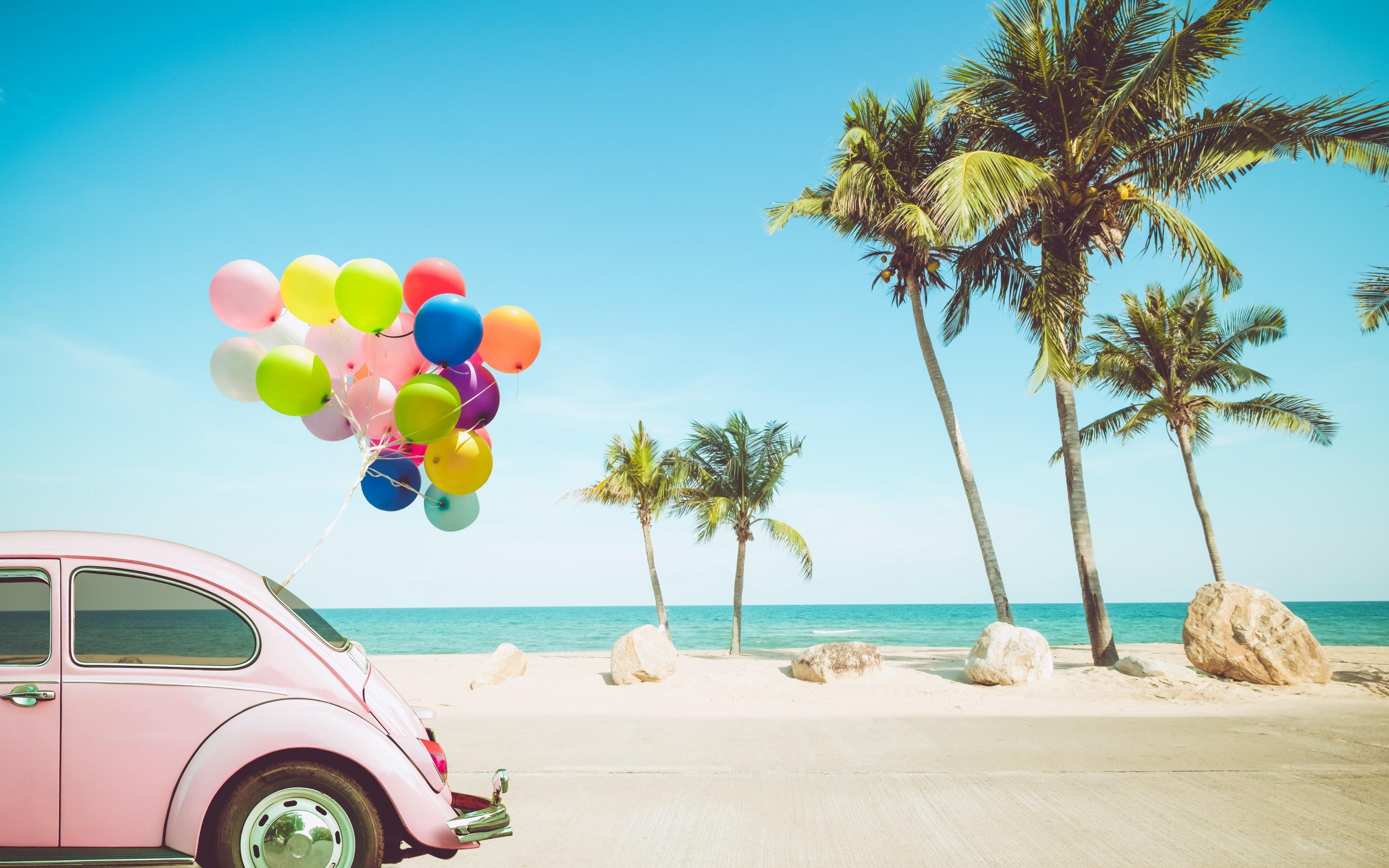 2880x1800 Download wallpaper summer travel, tropical island, pink retro car, seascape, bunch of colorful baloons, summer, palms, ocean for desktop with resolution 2880x1800. High Quality HD picture wallpaper