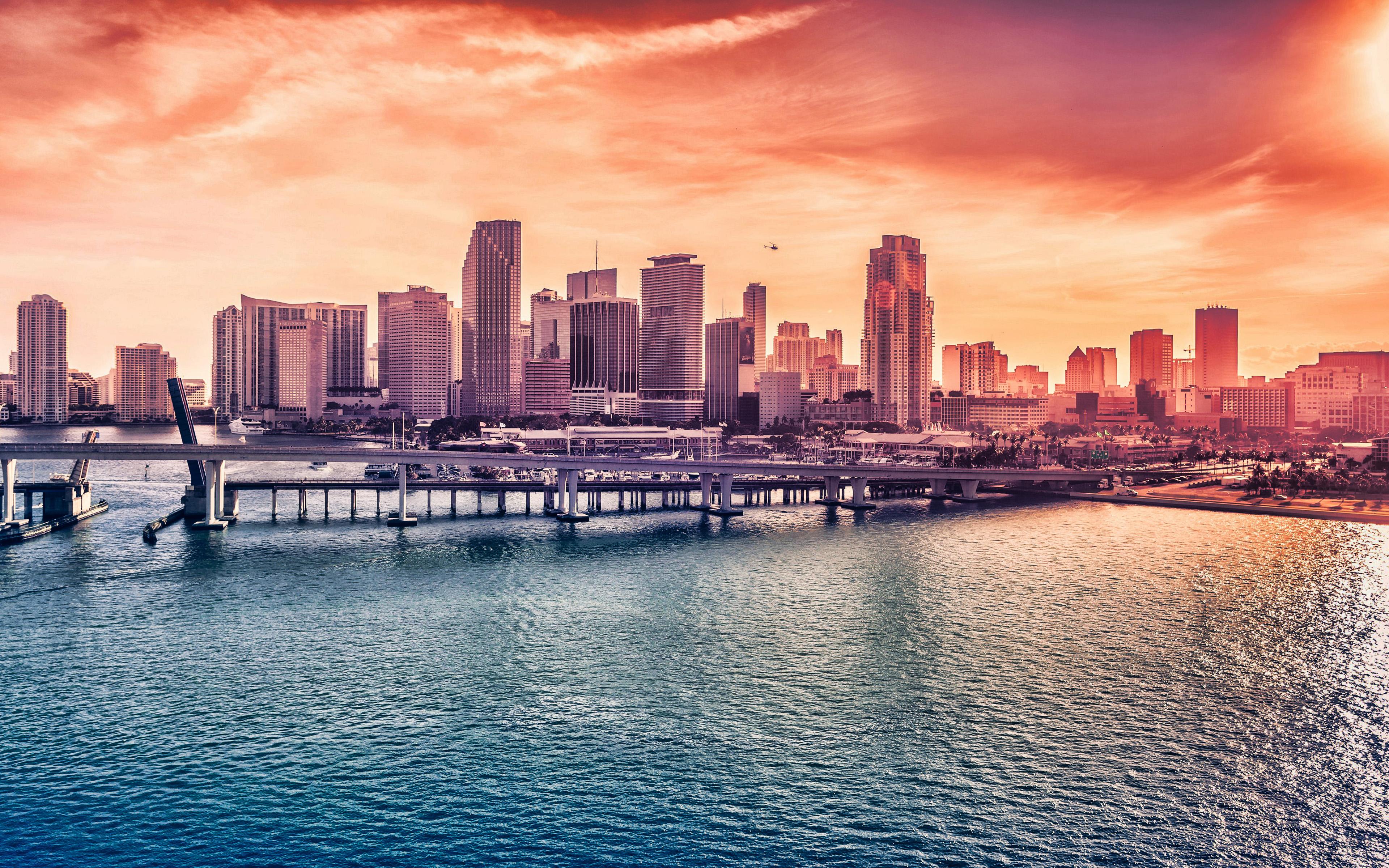 3840x2400 Download wallpaper Miami, Downtown, skyscrapers, evening, sunset, Miami cityscape, modern buildings, Miami skyline, Florida, United States, Central Business District of Miami for desktop with resolution 3840x2400. High Quality HD picture wallpaper