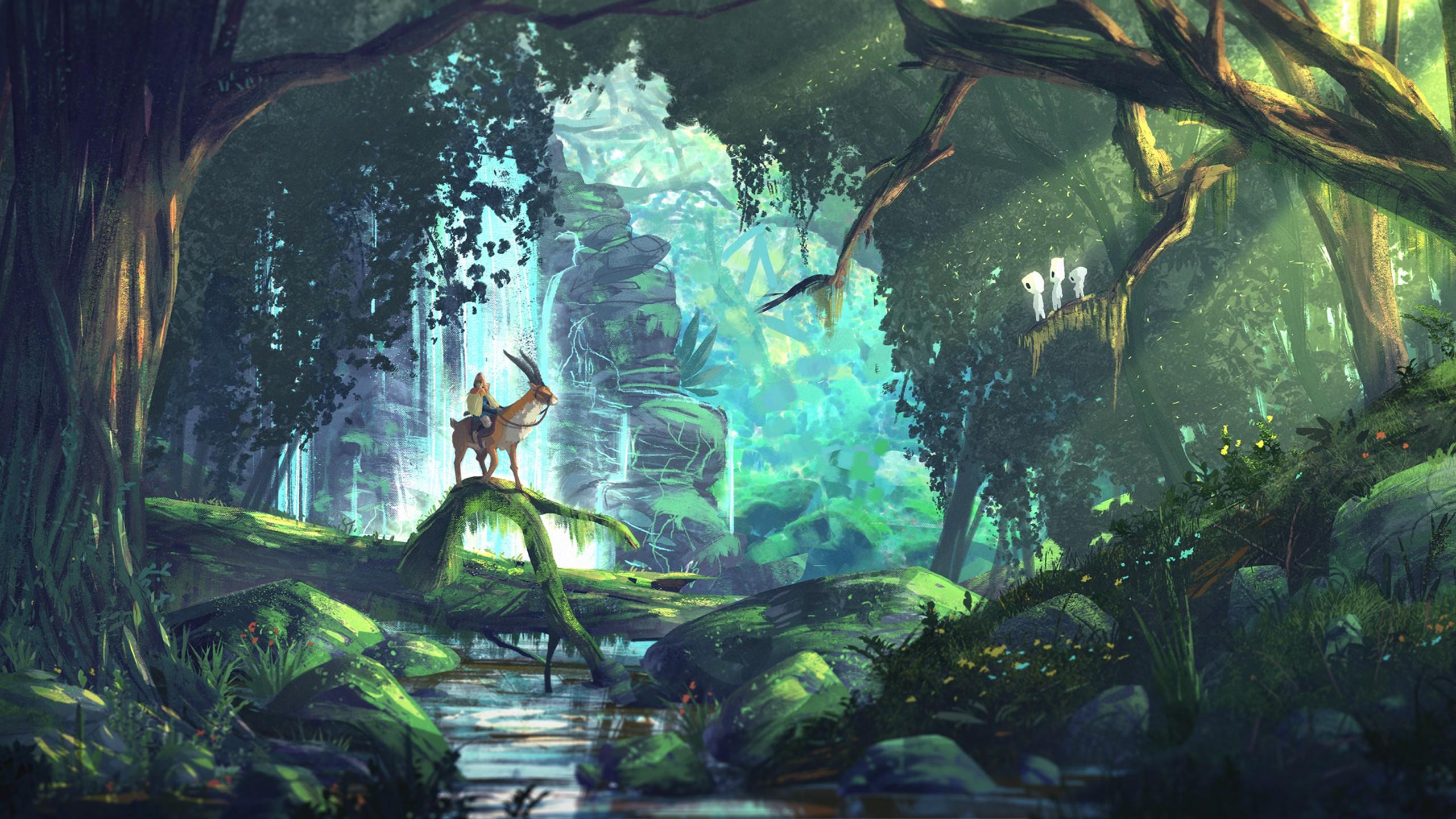 2560x1440 Hayao Miyazaki, Kodama, Ashitaka, Princess Mononoke, Forest, Elk Wallpaper HD / Desktop and Mobile Background