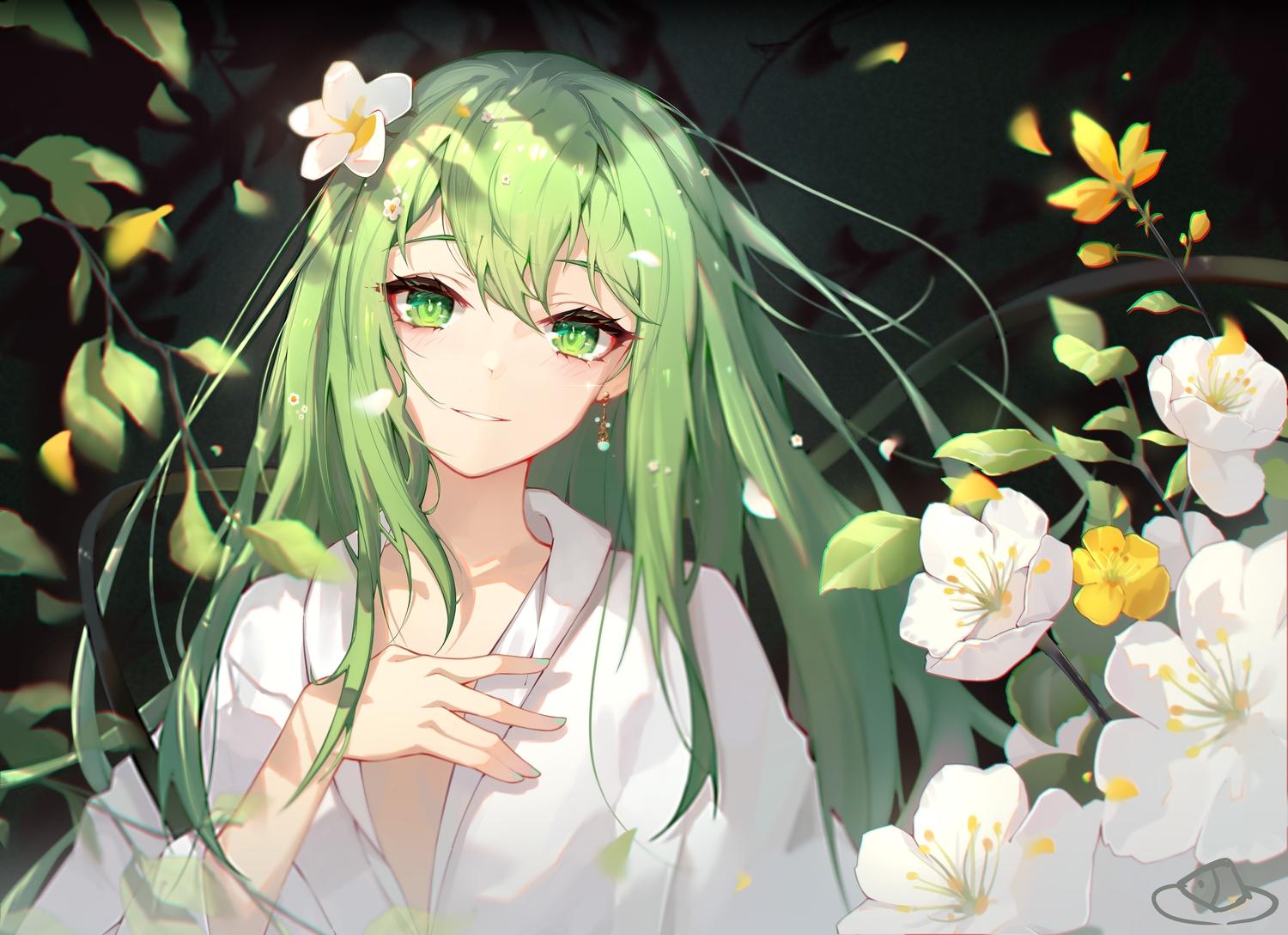 1500x1088 All Male Blush Enkidu Fate Grand Order Fate (series) Flowers Green Green Eyes Green Hair Long Hair Male Petals Shirt Xianyujun Sam. Konachan.net.com Anime Wallpaper