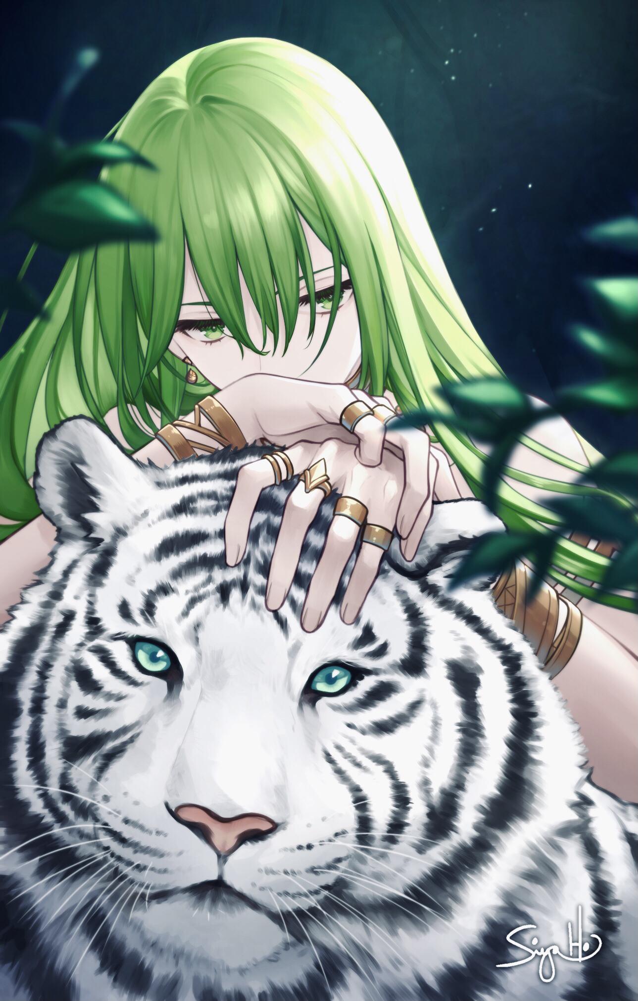 1289x2021 Anime Anime Girls Enkidu FGO Fate Grand Order Green Hair Long Hair Siya Ho Leaves Tiger Green Eyes F Wallpaper:1289x2021