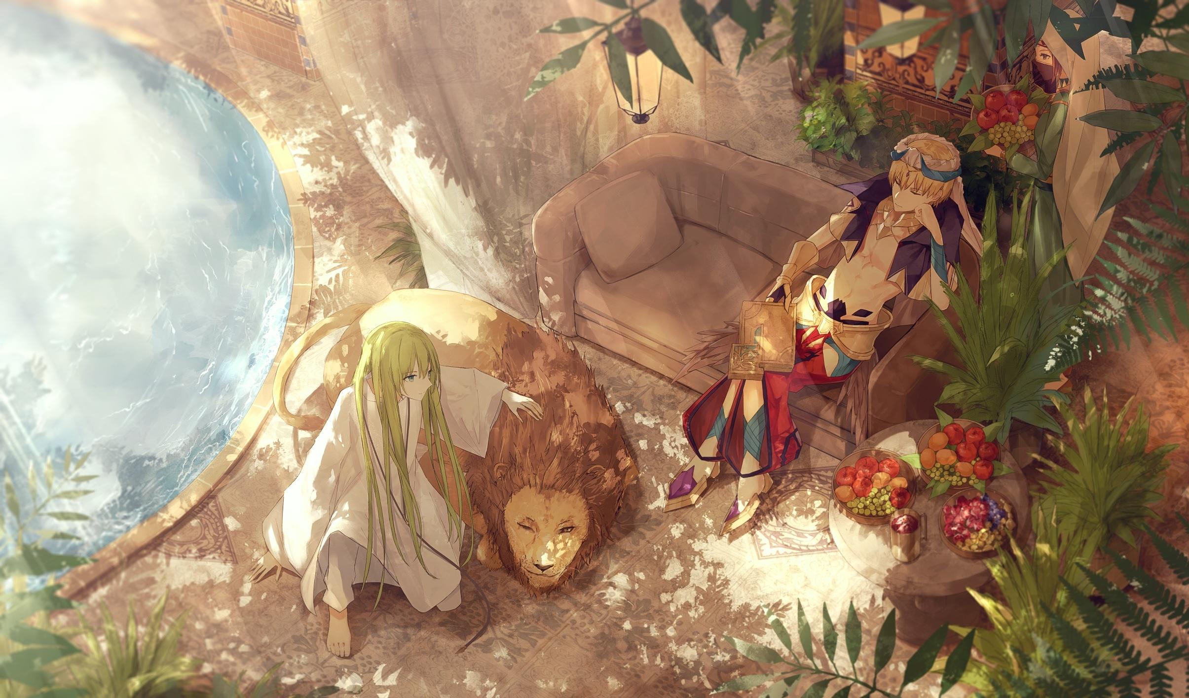 2410x1416 Download 1080x2280 Gilgamesh, Enkidu, Fate Grand Order, Lion, Resting, Couch, Water, Fruits Wallpaper for Samsung Galaxy S10e, Xiaomi Mi A2 Lite, OnePlus 6