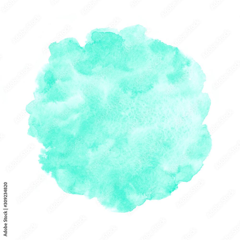 1000x1000 Aqua menthe, mint green watercolor round background, frame. Uneven circle shape with watercolour stains. Painted bright template for text, lettering, cards. Hand drawn abstract aquarelle fill, texture Stock Illustration