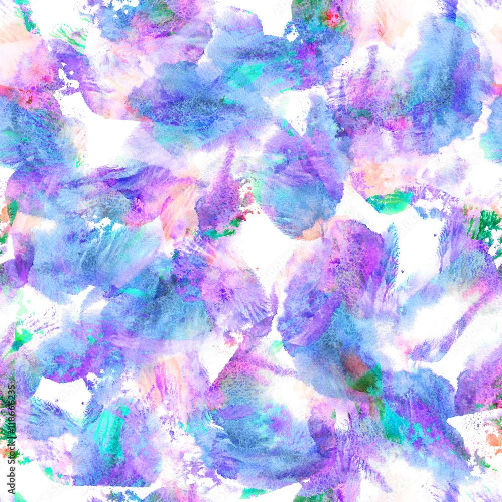 1000x1000 Seamless watercolor splashes pattern. Aquarelle pink, aqua blue and purple shades, looks like flower petals, on white background. Abstract texture. Textile print. Wallpaper. Stock Illustration