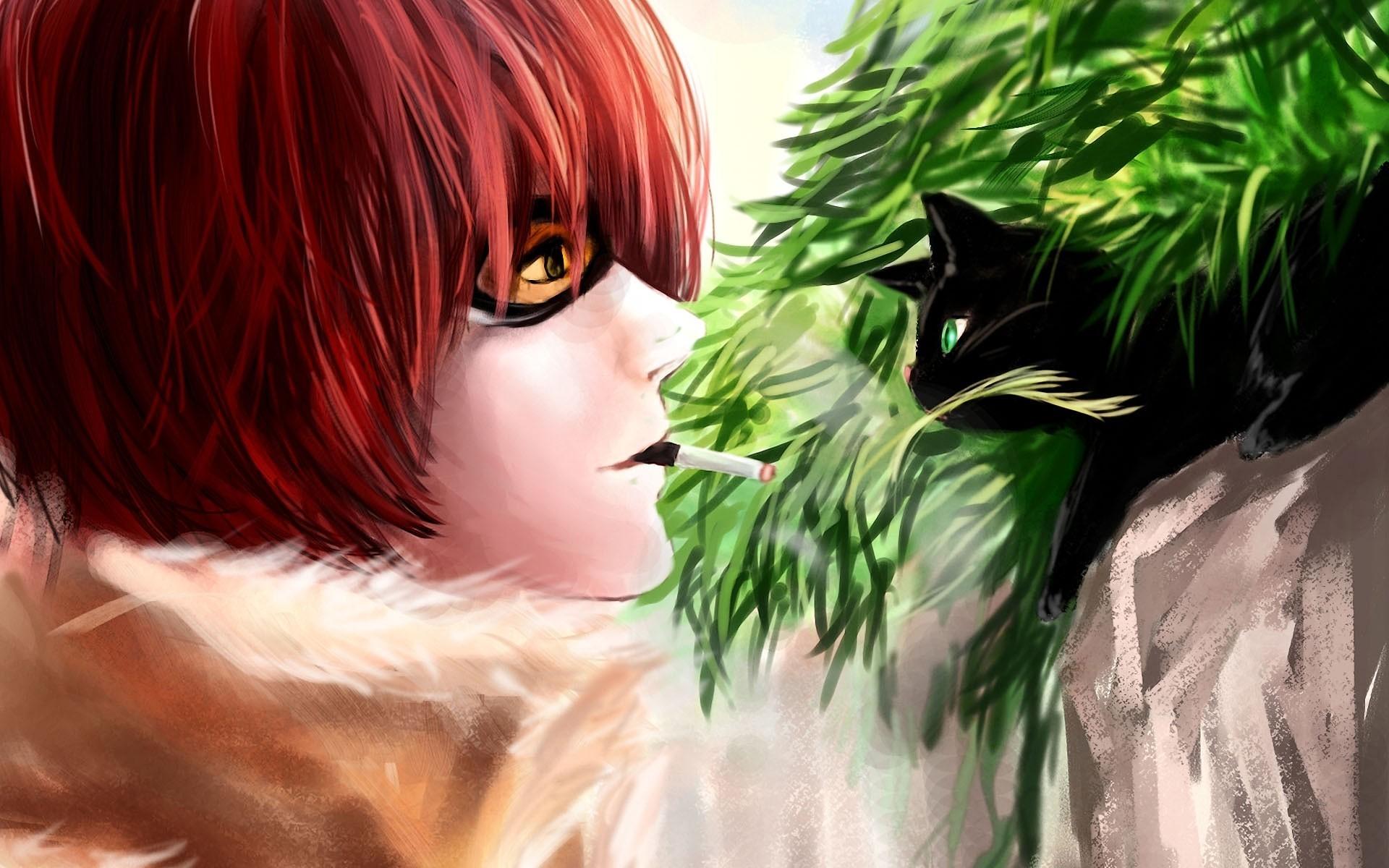 1920x1200 art, Rikamello, Death, Note, Matt, Guy, Glasses, Cigarette, Cat, Cat, Black, Grass Wallpaper HD / Desktop and Mobile Background