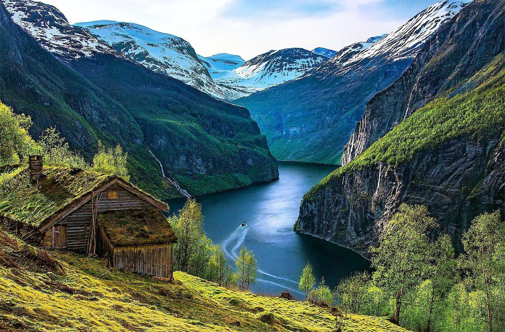 1641x1080 Noruega. Norway landscape, Cabin wallpaper, Waterfall