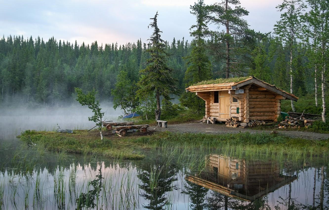 1332x850 Wallpaper forest, lake, reflection, hut, Norway image for desktop, section пейзажи