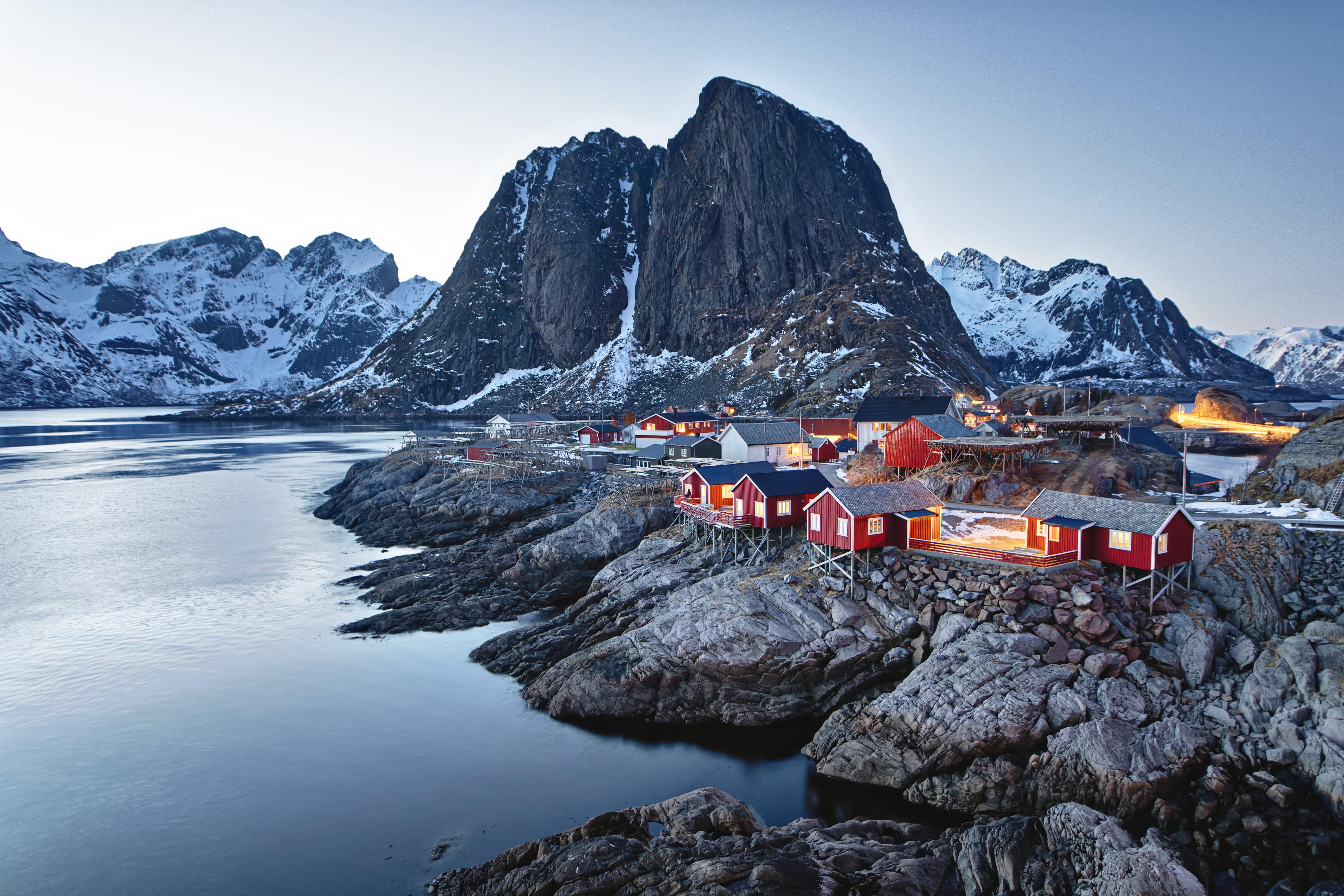 5941x3961 Wallpaper / Norway, Lofoten, Lofoten Islands, nature, landscape, Europe, hill, mountains, hills, cold, outdoors, Reine, cabin, red, snow free download