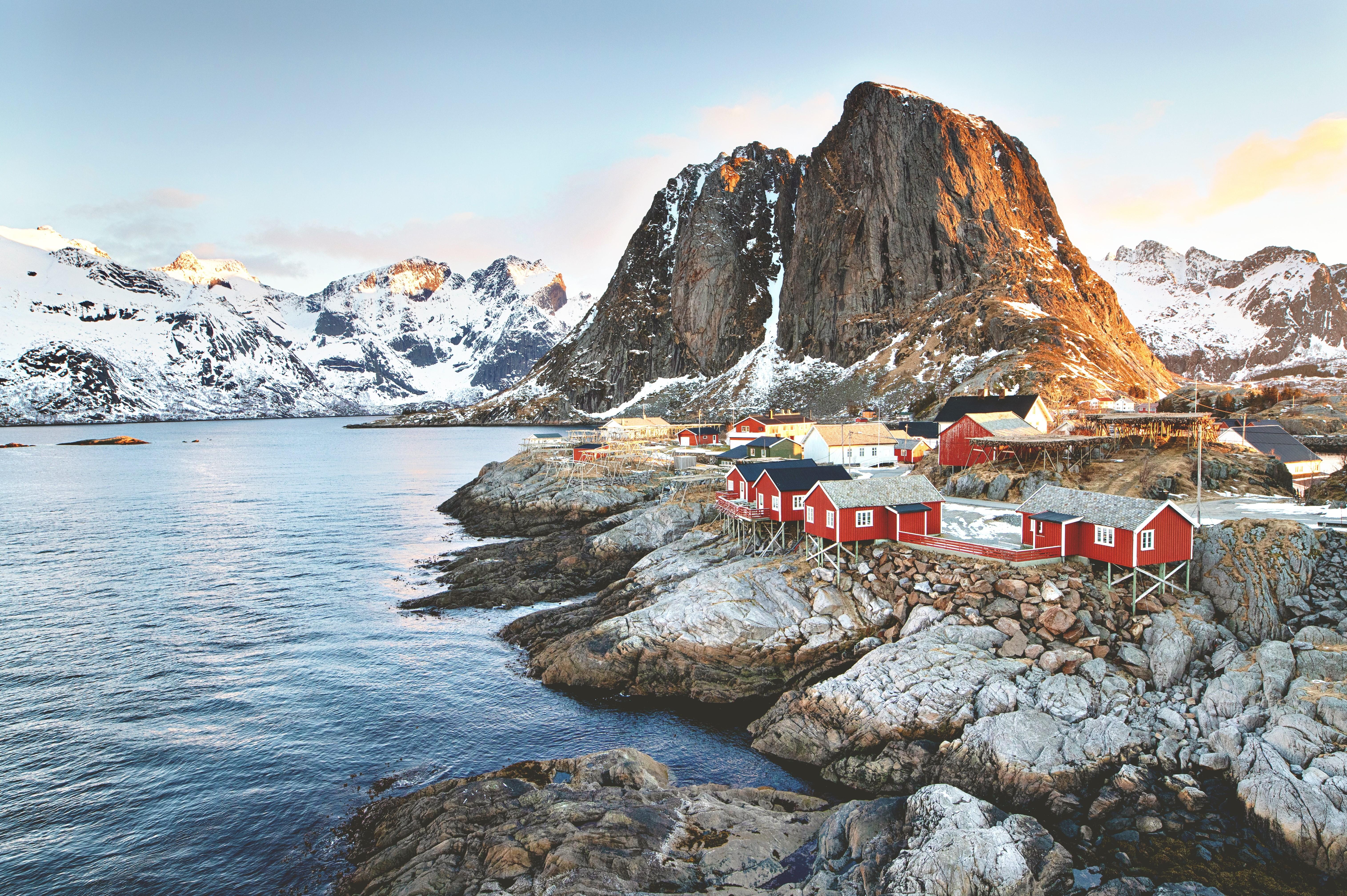 6060x4036 Wallpaper / Norway, Lofoten, Lofoten Islands, nature, landscape, Europe, hill, mountains, hills, cold, outdoors, Reine, cabin, red, snow free download