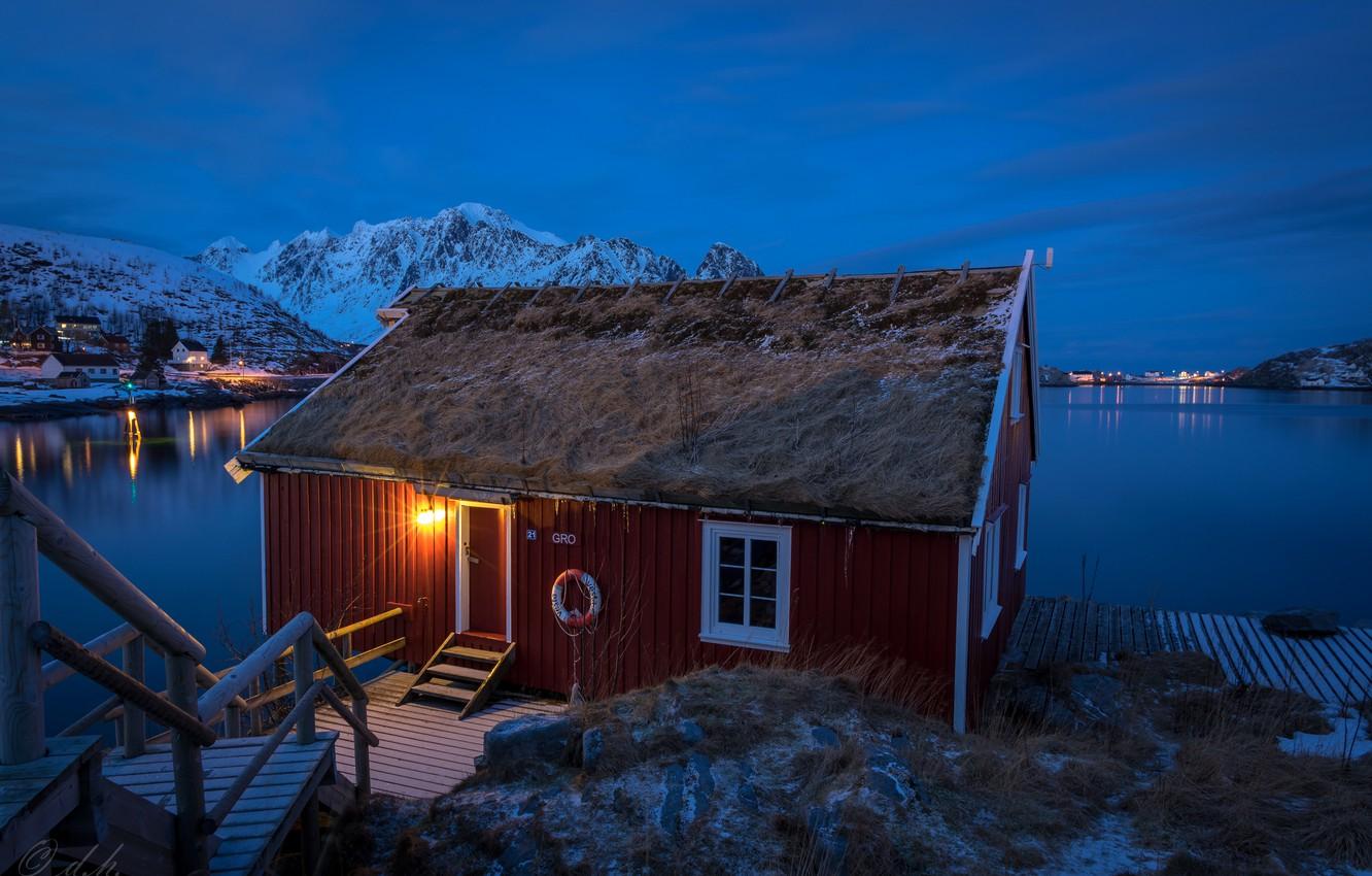 1332x850 Wallpaper winter, snow, mountains, night, lights, Bay, Norway, Bay, houses, Norway, Lofoten, Pure, Lofoten, Gravdalsbukta, Nordland image for desktop, section пейзажи