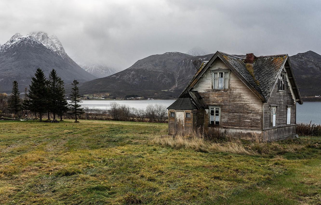 1332x850 Wallpaper mountains, lake, Norway, house image for desktop, section пейзажи