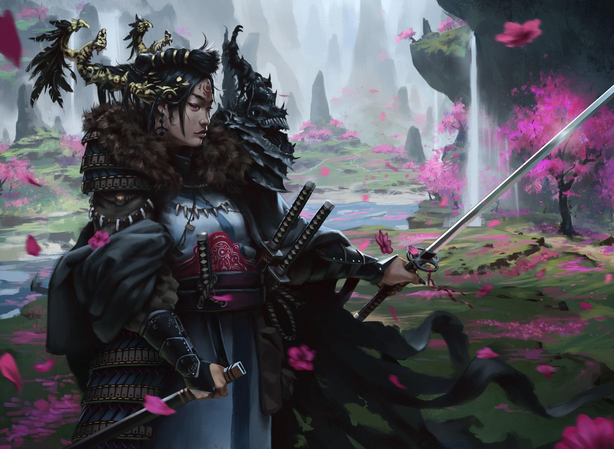 2048x1497 Wallpaper Swords Warriors Cherry blossom Girls Fantasy 2048x1497