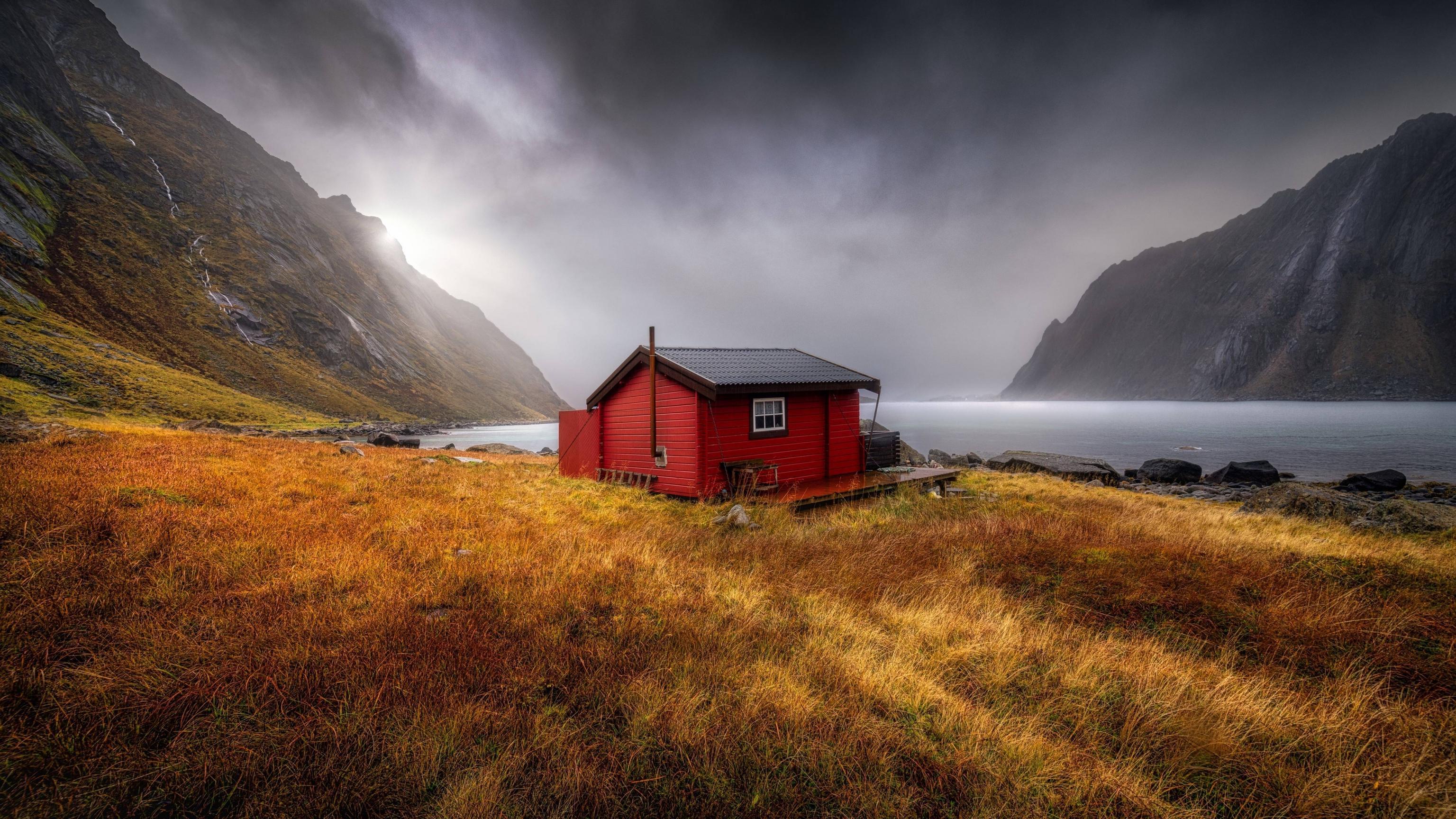 3072x1728 Red Cabin at Bay 5K Wallpaper, HD Nature 4K Wallpaper, Image, Photo and Background