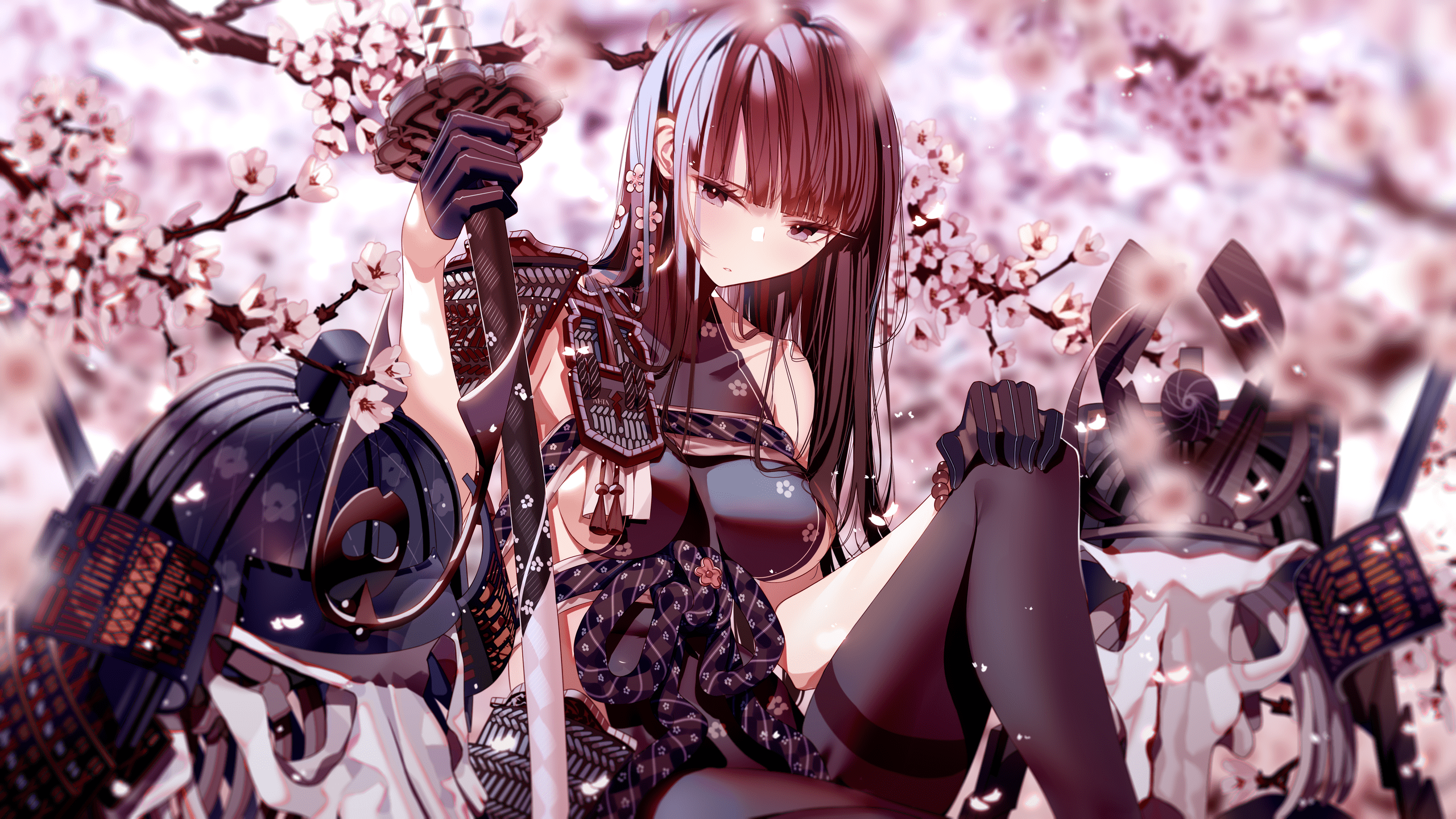 2560x1440 Atha, original characters, samurai, anime, anime girls, cherry blossom, 2D, artwork, drawing, katanax1440 Wallpaper