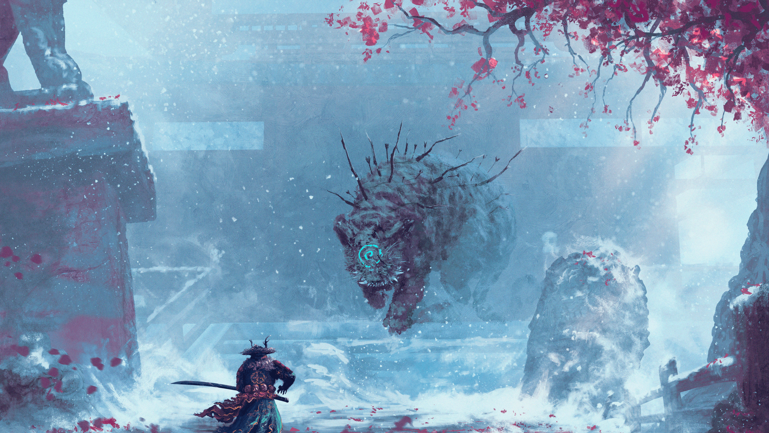 2560x1440 Wallpaper / samurai, warrior, men, armor, katana, sword, weapon, temple, creature, arrows, snowing, snow, trees, leaves, environment, fantasy art, Fantasy Men, Clash, artwork, drawing, illustration, digital art, digital painting, Anato