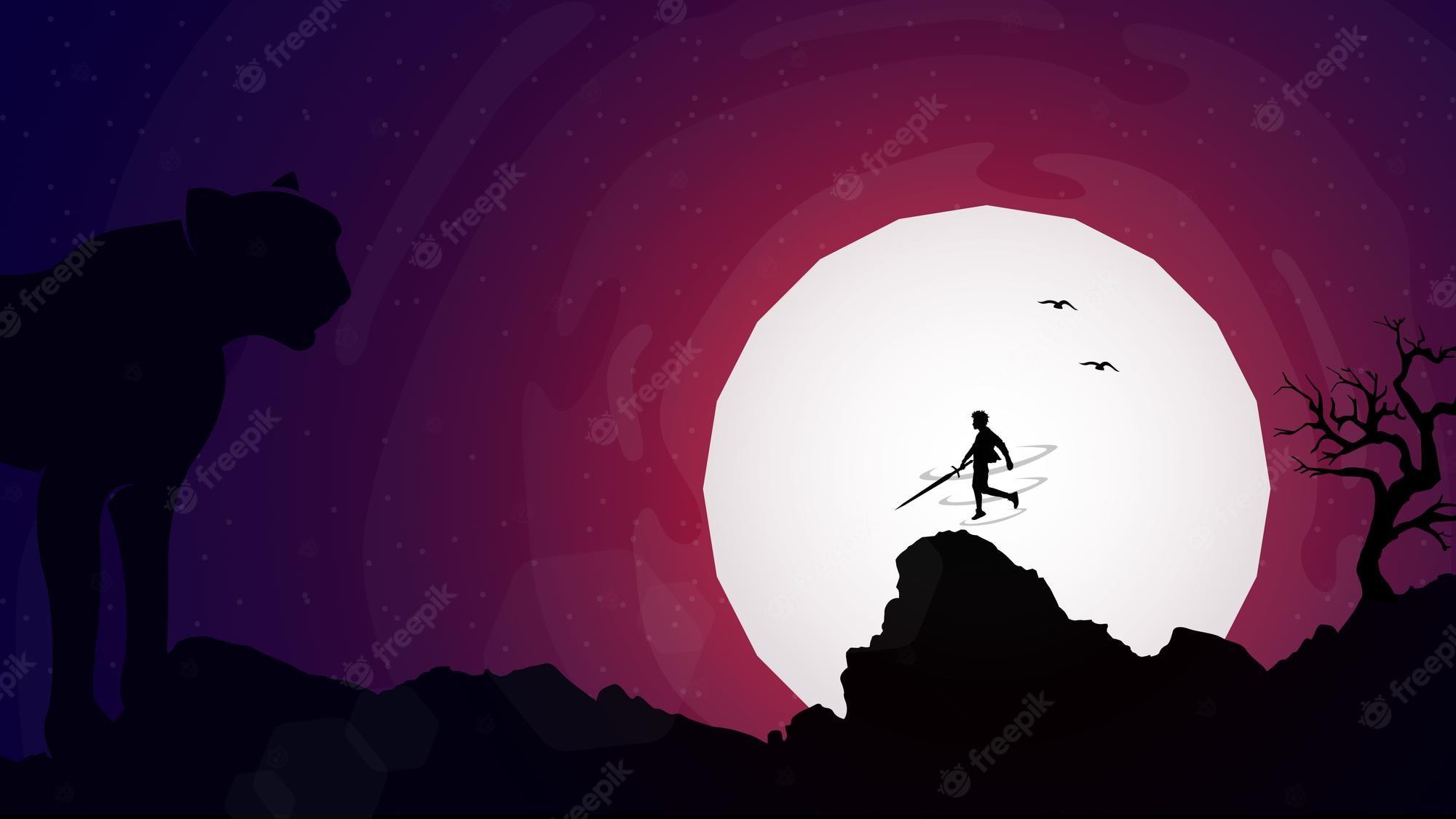 2000x1125 Premium Vector. Samurai vs cheetah wallpaper. sword mage fighting cheetah at night. samurai with full moon walpaper