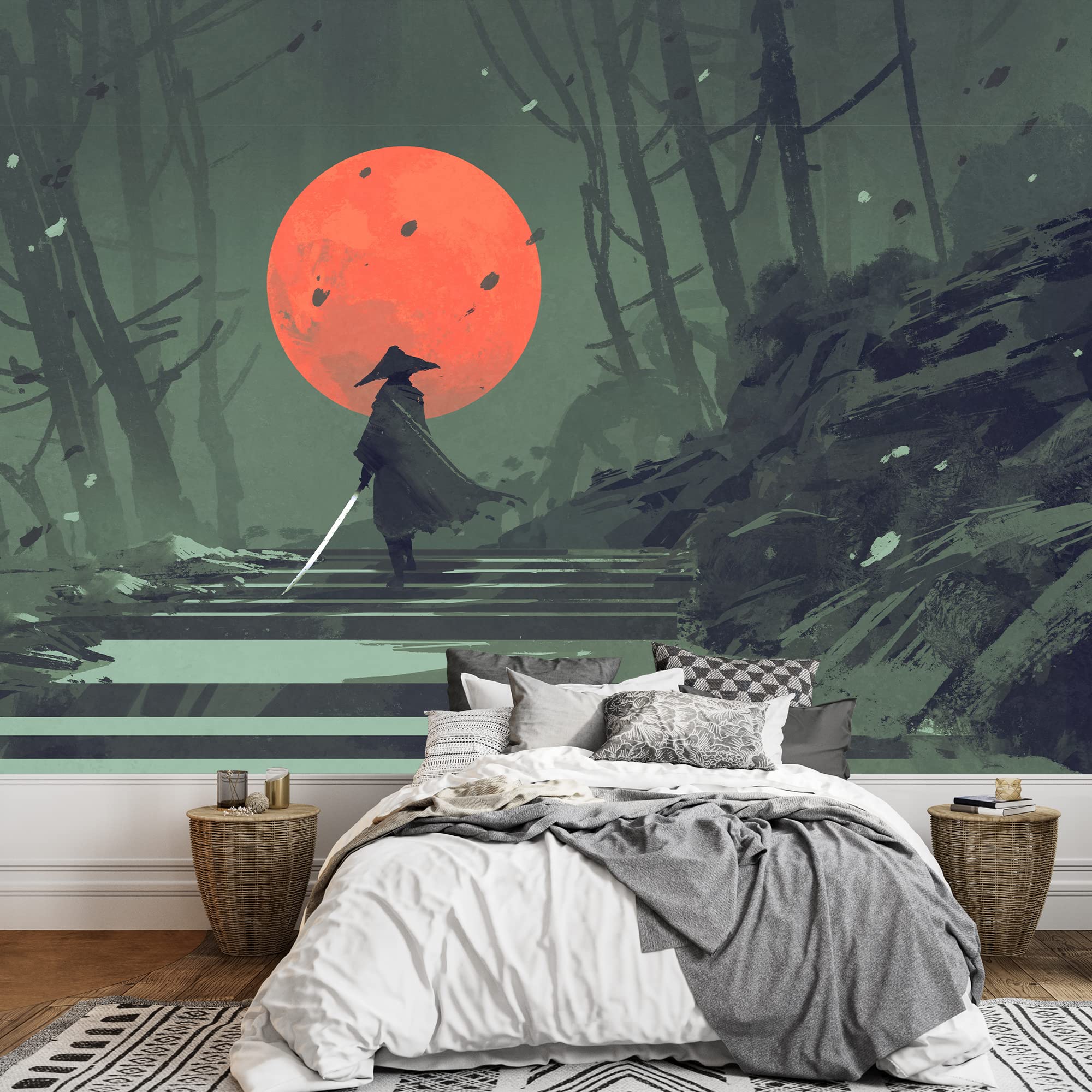 2000x2000 Wall26 Standing On Stairway In Night Forest With The Red Moon On Background, Illustration Painting Wall Mural. Self Adhesive Large Wallpaper Inches
