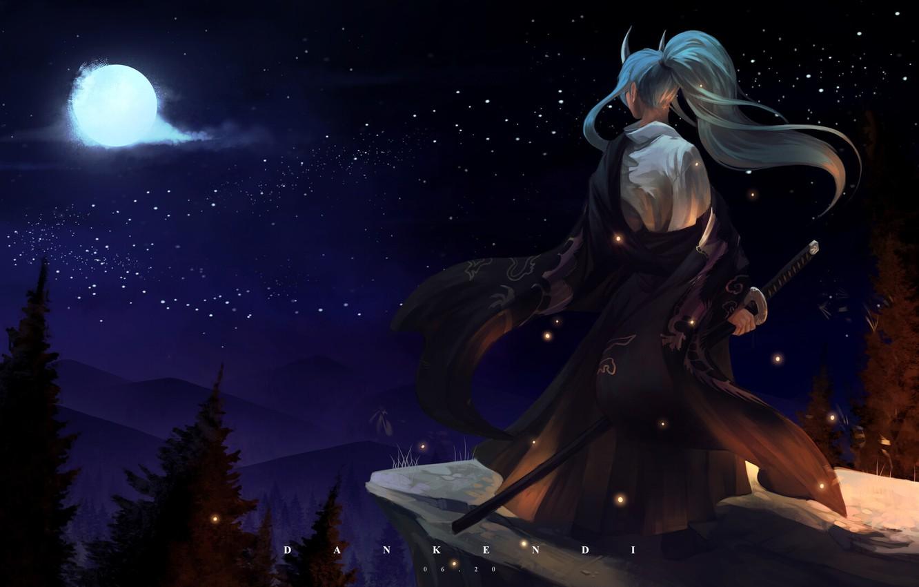 1332x850 Wallpaper loneliness, the demon, the full moon, katana, Horny, samurai, swords in the hands, on the rock, Own by Dan image for desktop, section сёнэн