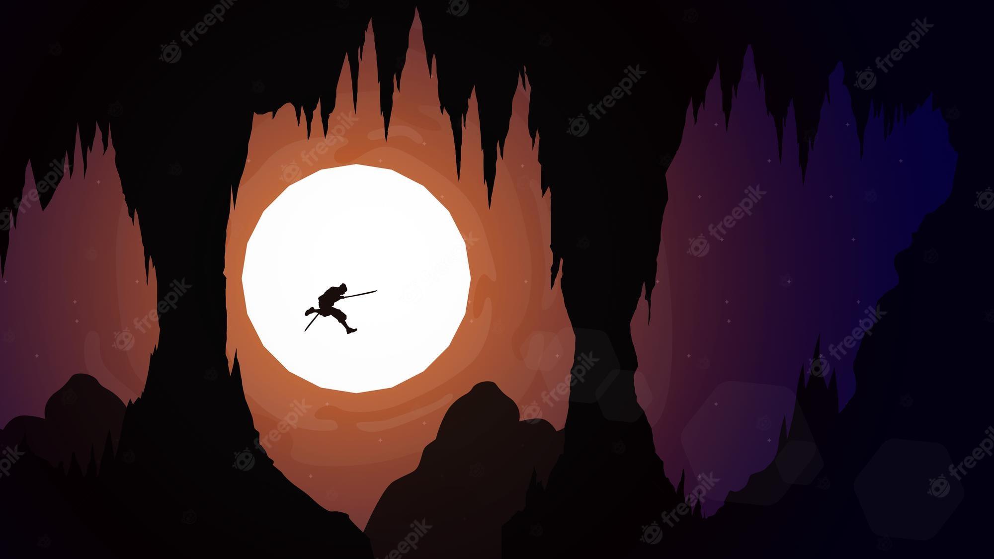 2000x1125 Premium Vector. Samurai boy anime wallpaper. cave walpaper for desktop. samurai ran with two swords. illustration of
