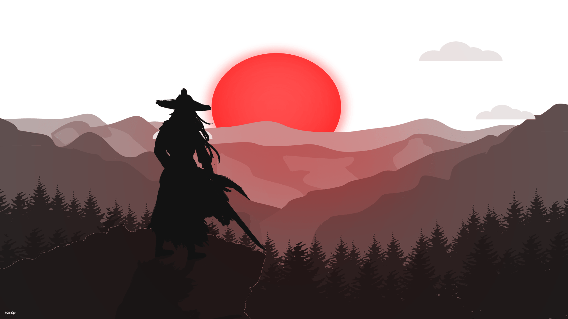 1920x1080 samurai, red moon, trees, Japanese Art, Japan, war, katana, digital art, mountainsx1080 Wallpaper