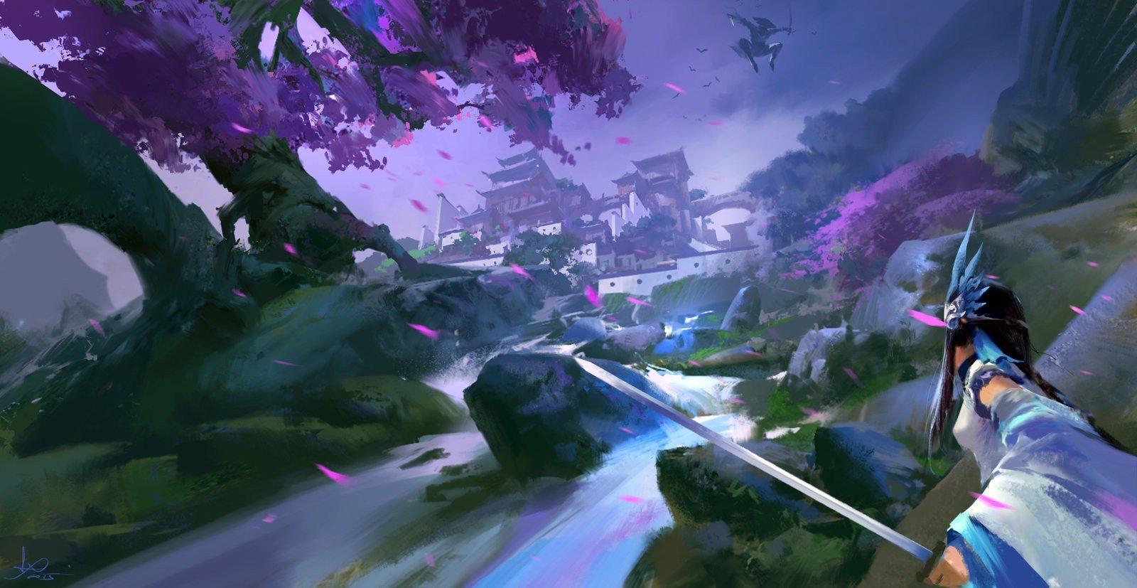 1600x827 Ninja, Temple, Cherry trees, Samurai Wallpaper HD / Desktop and Mobile Background