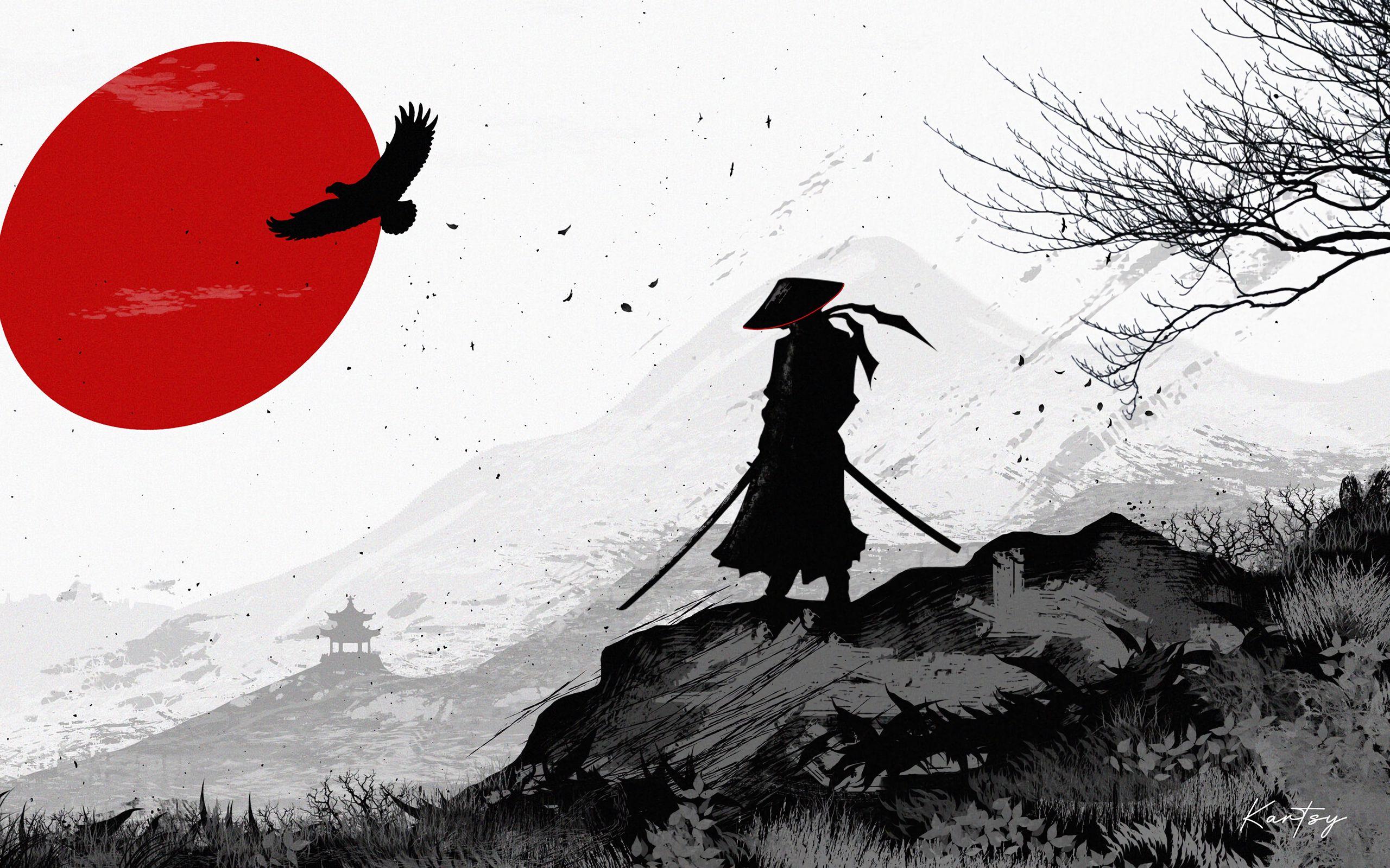 2560x1600 Download wallpaper 2560x1600 samurai, warrior, silhouette, art, black and white widescreen 16:10 HD background