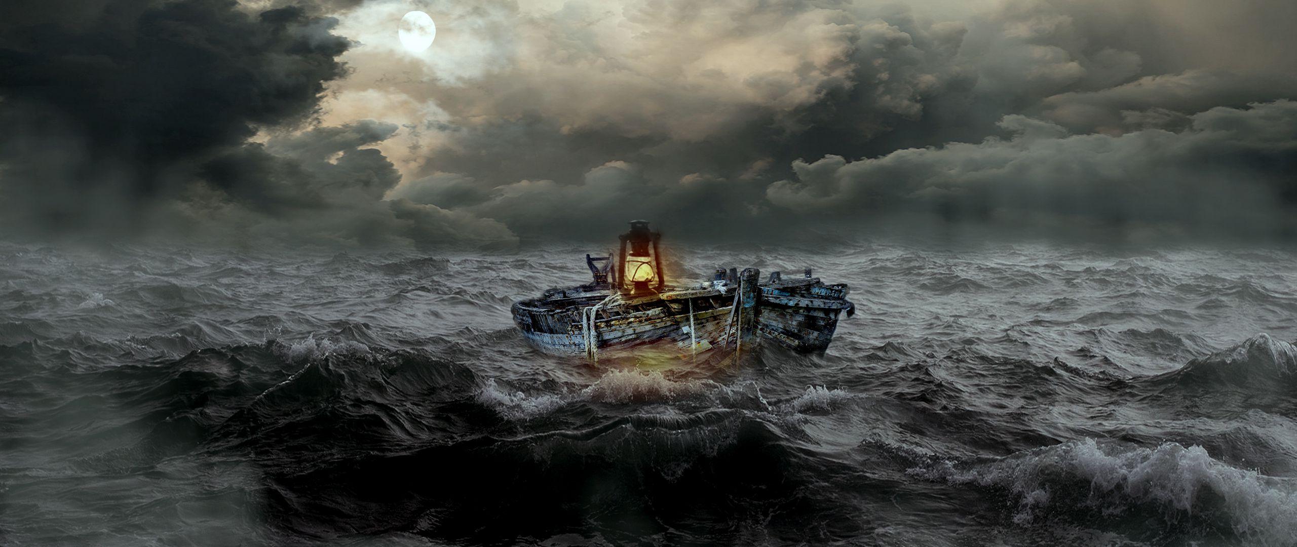 2560x1080 Download wallpaper 2560x1080 boat, storm, sea, waves, overcast dual wide 1080p HD background