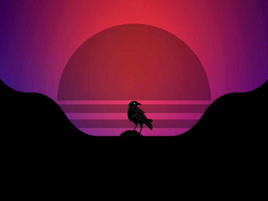 1024x768 Wallpaper crow bird, synthwave, silhouette desktop wallpaper, HD image, picture, background, 150455