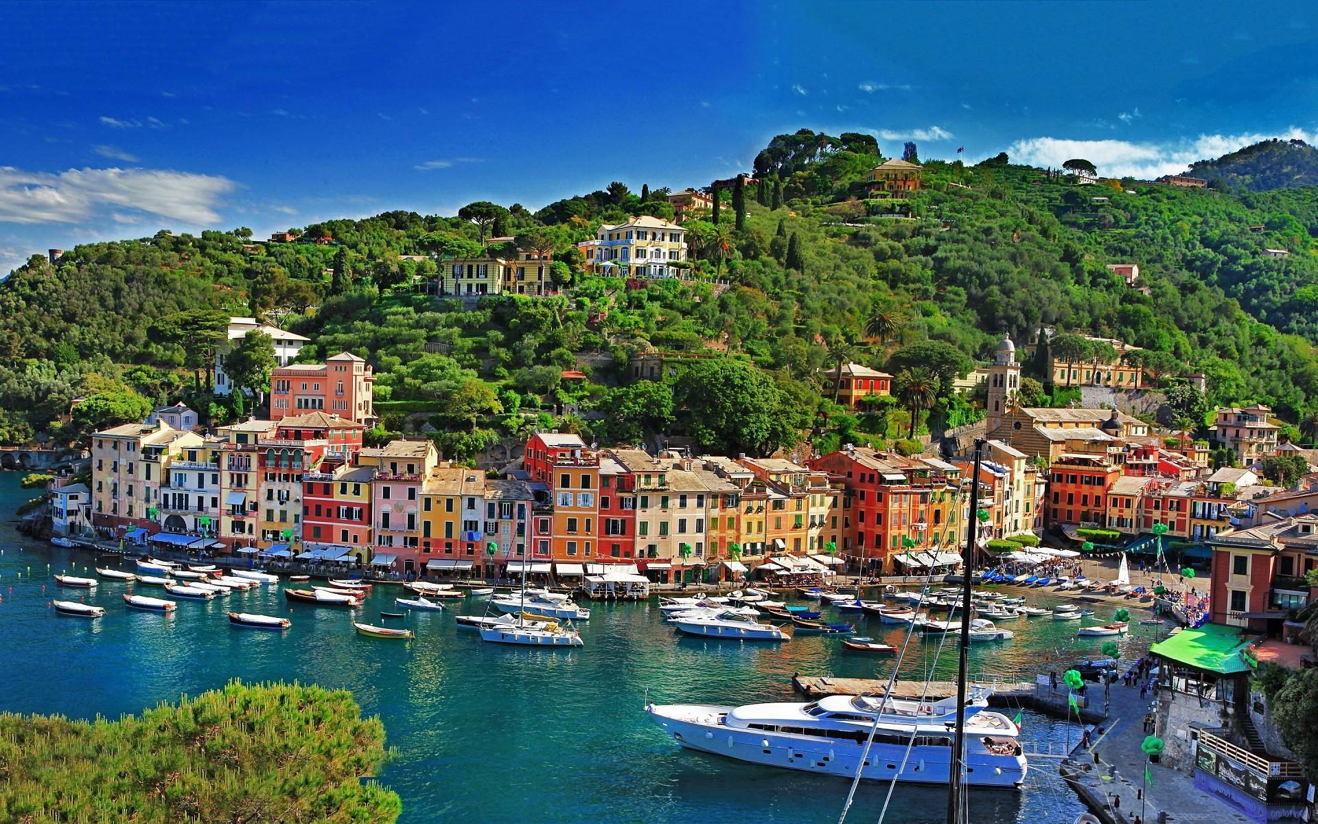 1920x1200 city, Cityscape, Landscape, Sea, Boat, Building, Forest, Bay, Portofino, Italy, Colorful Wallpaper HD / Desktop and Mobile Background