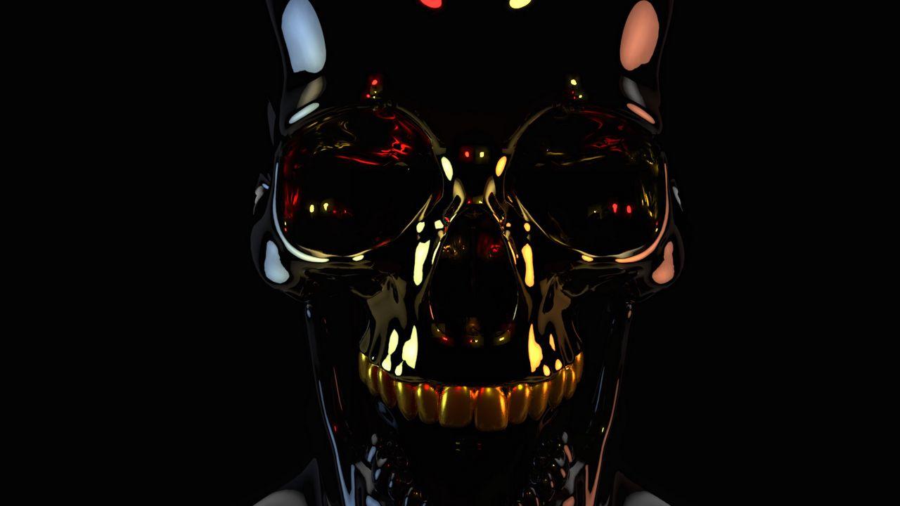 1280x720 Wallpaper skull, black, dark, crown, 3D hd, picture, image